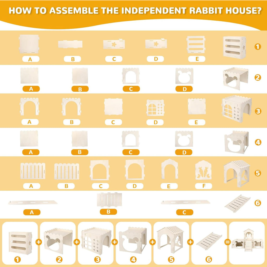 Petyoung Large Bunny Castle with Hay Feeder, Wooden Rabbit Hideout with Ramp, Detachable Multi-Room Playhouse for Rabbits, Guinea Pigs, Small Animals
