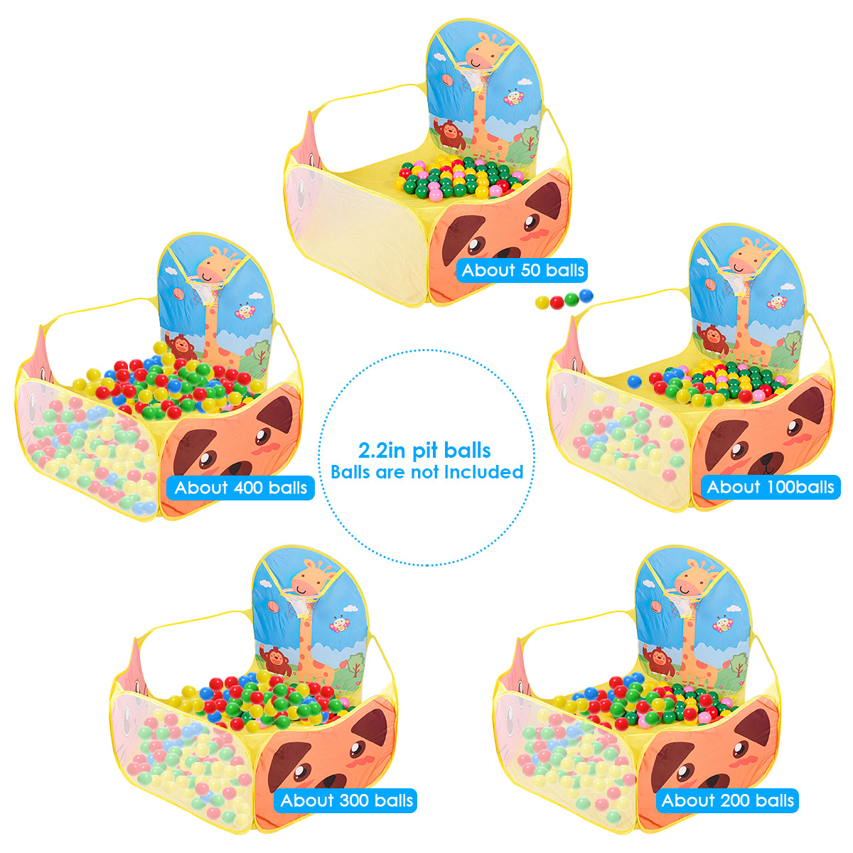 Yunnyp Kids Ball Pit,Portable Play Pool Tent for Kids,Baby Crawl Playpen with Basketball Hoop, Portable Toys for Girls Boys, Balls Not Included, Animal,Yellow