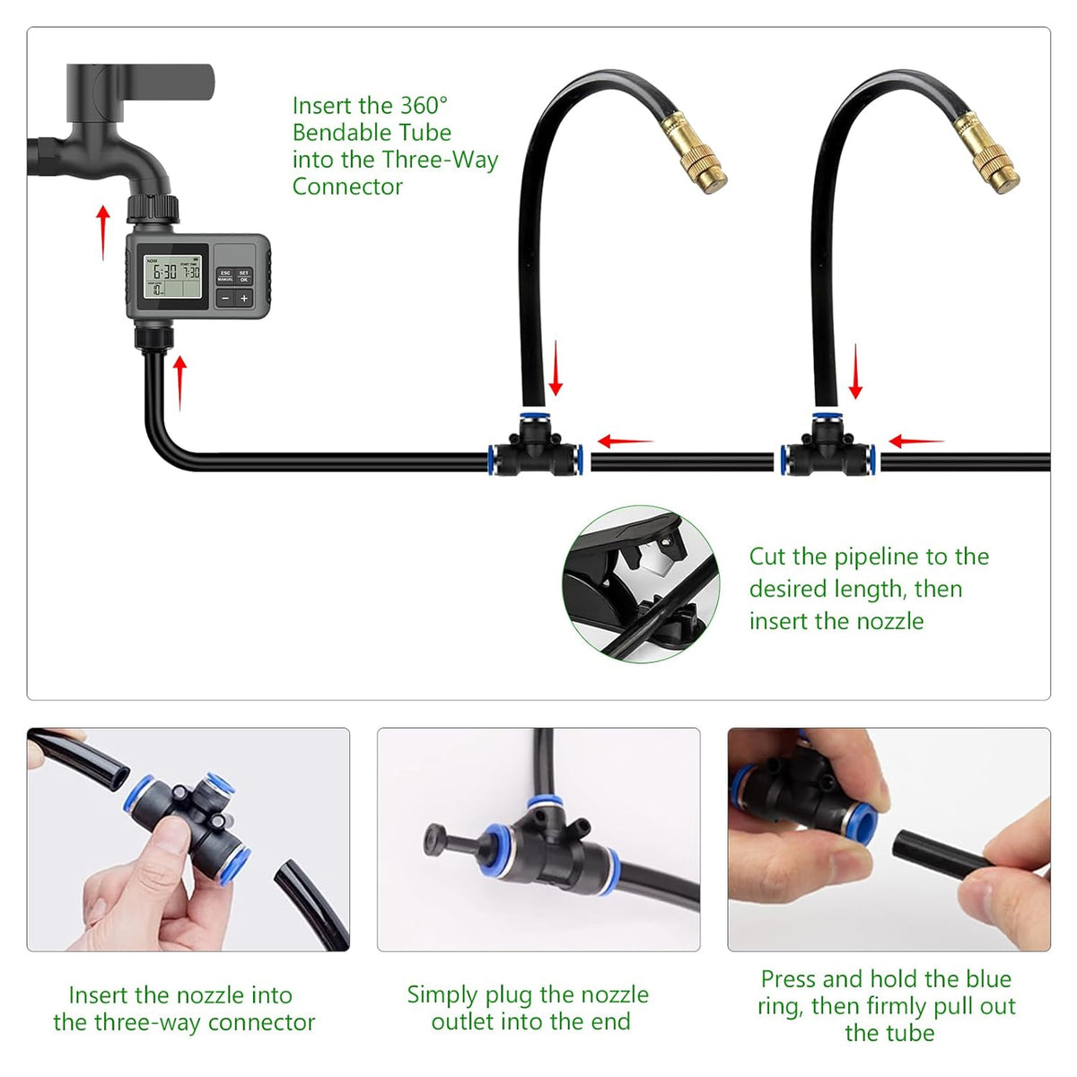 Petyoung 60FT Drip Irrigation System with Water Timer, Automatic Garden Watering Kit with Bendable Hose and Adjustable Nozzles for Greenhouse