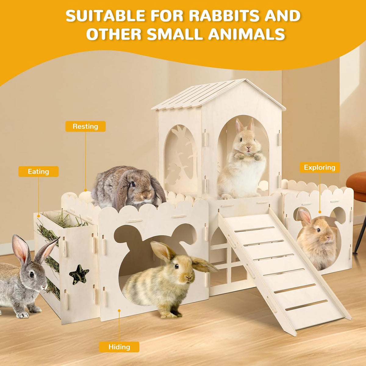 Petyoung Large Bunny Castle with Hay Feeder, Wooden Rabbit Hideout with Ramp, Detachable Multi-Room Playhouse for Rabbits, Guinea Pigs, Small Animals