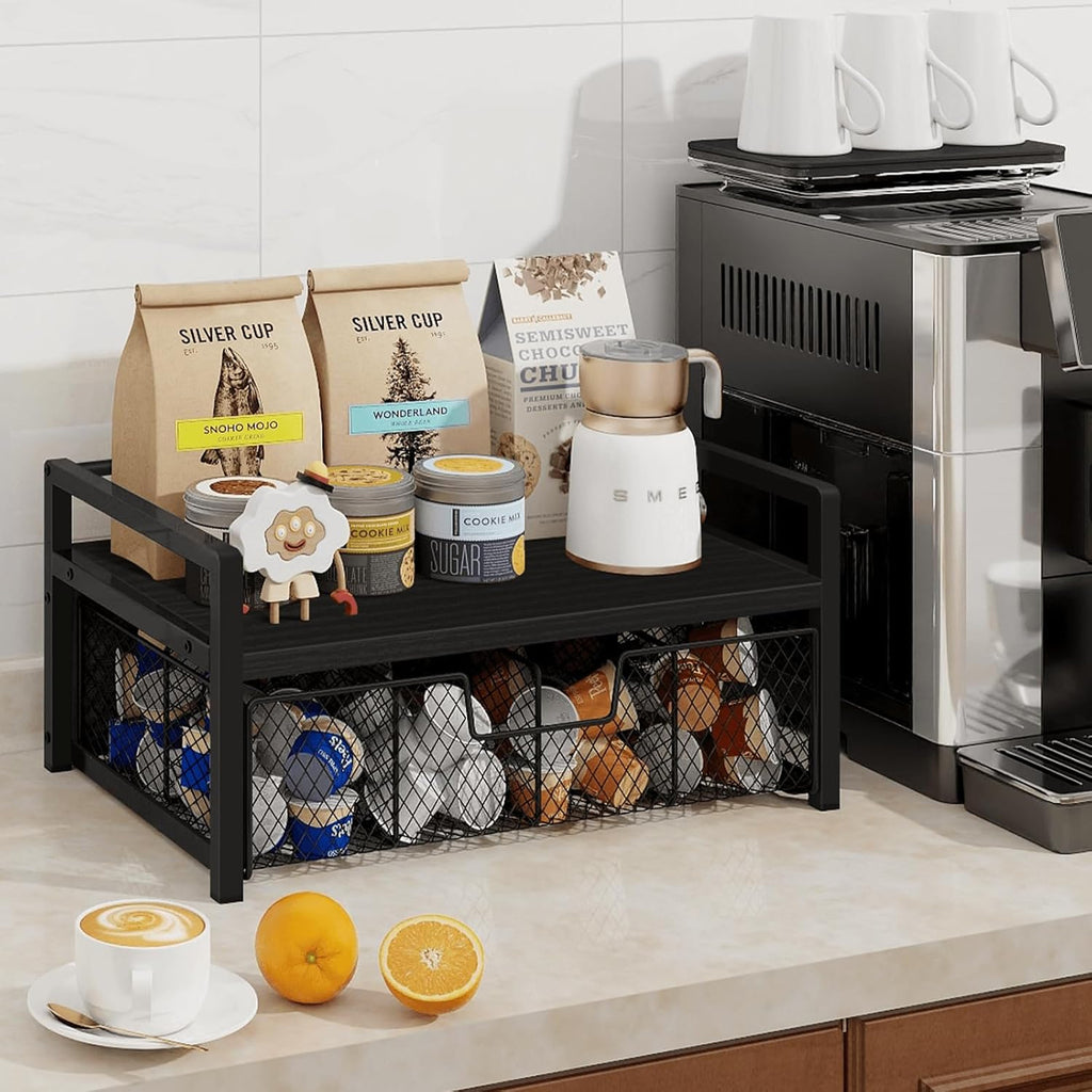 Petyoung Tea Bag Organizer with Storage Drawer, Wooden Tea Station Chest for Countertop Kitchen, Teabag Holder Display Box, Black