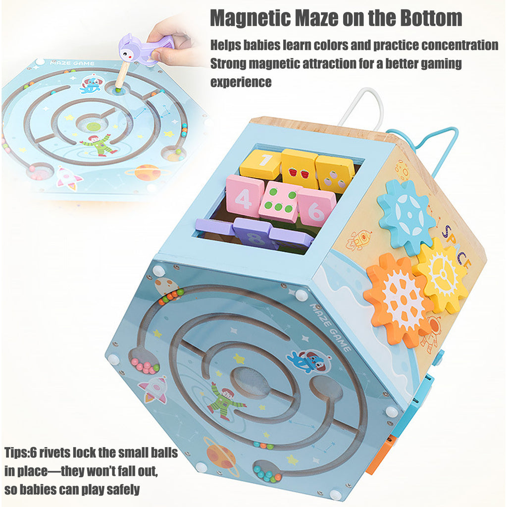 Petyoung Wooden Activity Cube, 14-in-1 Montessori Toy for 3+ Year Olds, Early Educational Baby Toddler Toy with Bead Maze