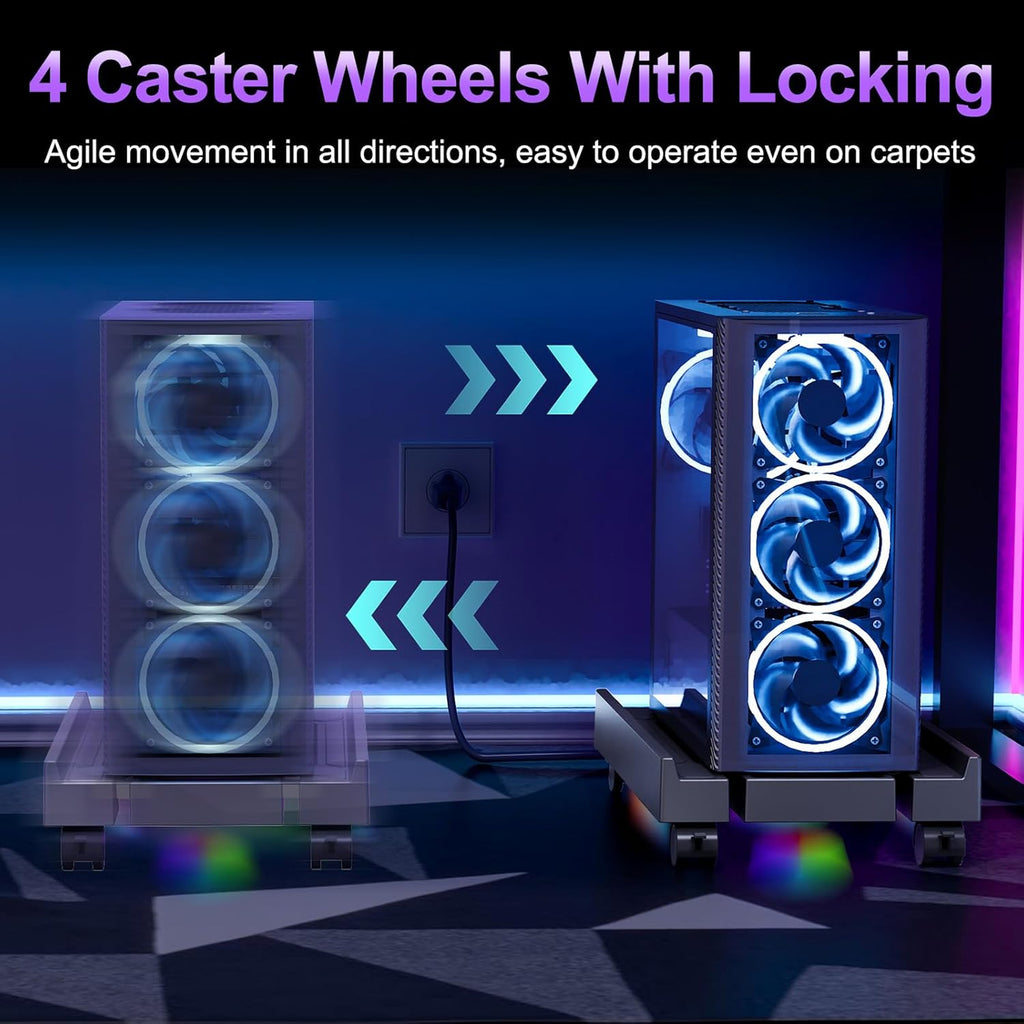 Petyoung PC Stand for Floor, Adjustable Computer Tower Stand with Cooler Fan RGB Light and 4 Locking Caster Wheels, for Students Gamers