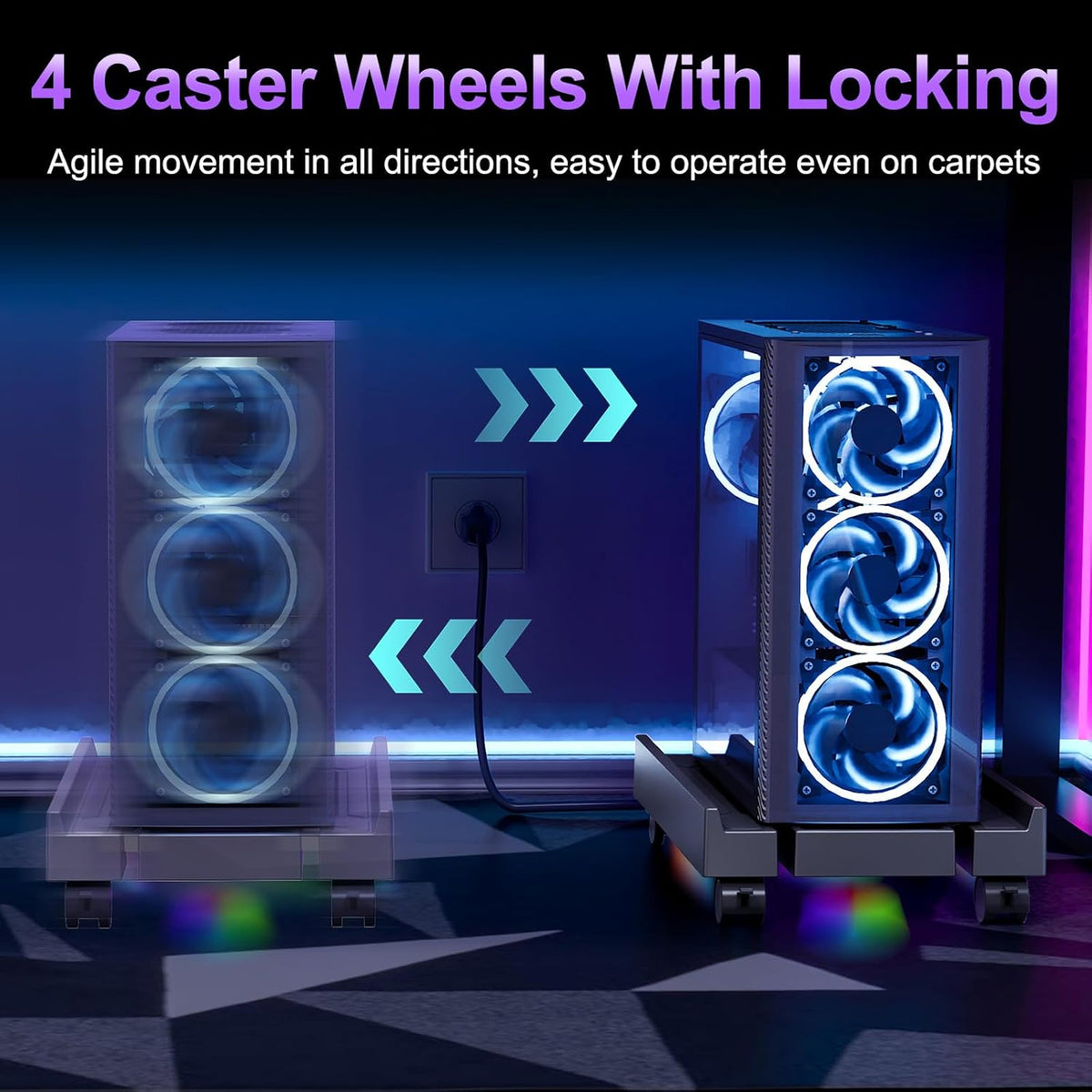 Petyoung PC Stand for Floor, Adjustable Computer Tower Stand with Cooler Fan RGB Light and 4 Locking Caster Wheels, for Students Gamers