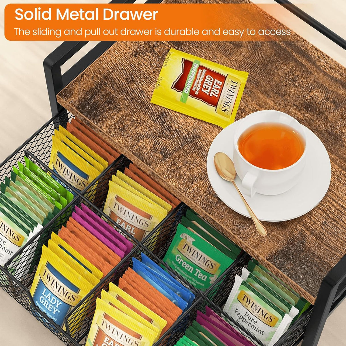 Petyoung Tea Bag Organizer with Storage Drawer, Wooden Tea Station Chest for Countertop Kitchen, Teabag Holder Display Box, Rustic Brown