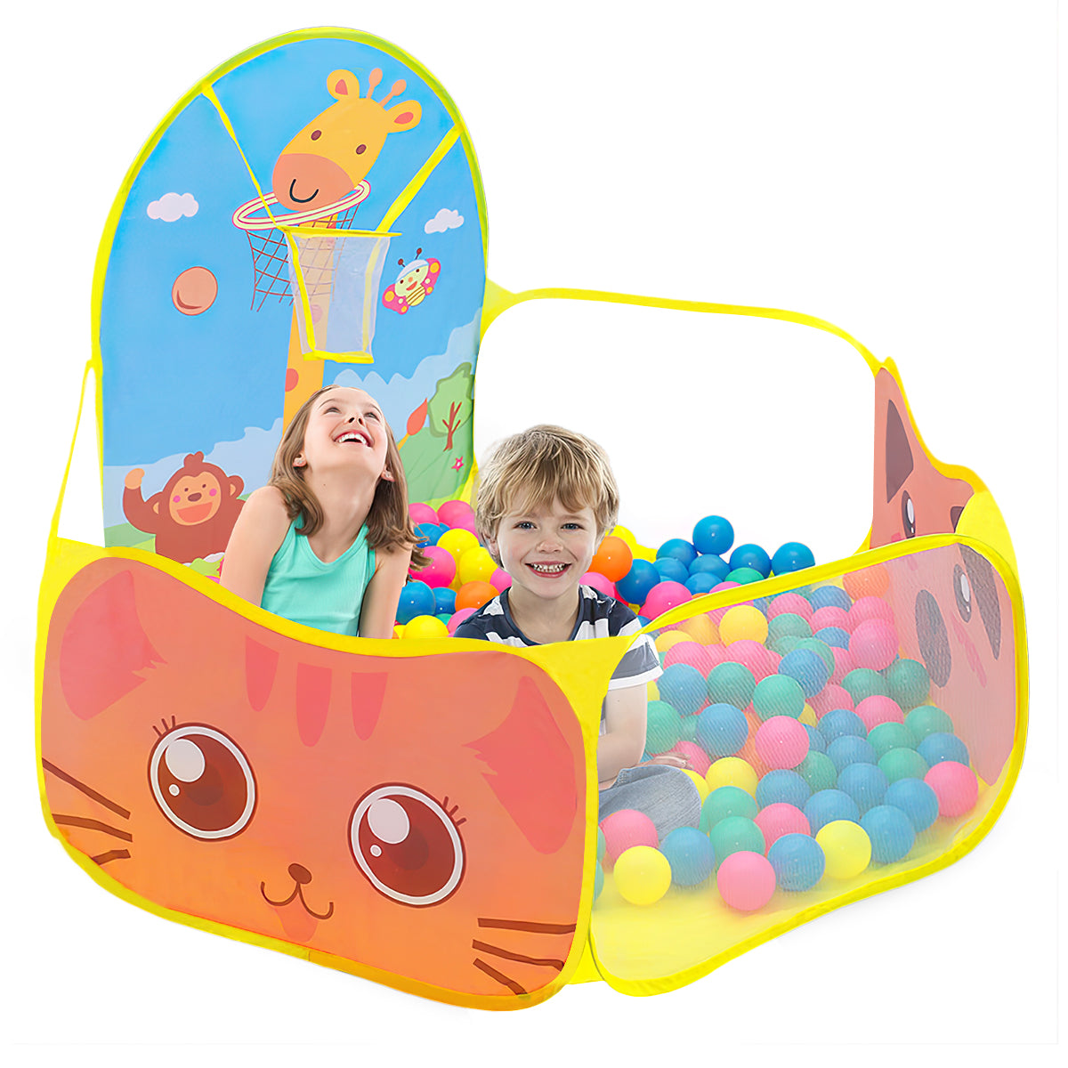 Yunnyp Kids Ball Pit,Portable Play Pool Tent for Kids,Baby Crawl Playpen with Basketball Hoop, Portable Toys for Girls Boys, Balls Not Included, Animal,Yellow
