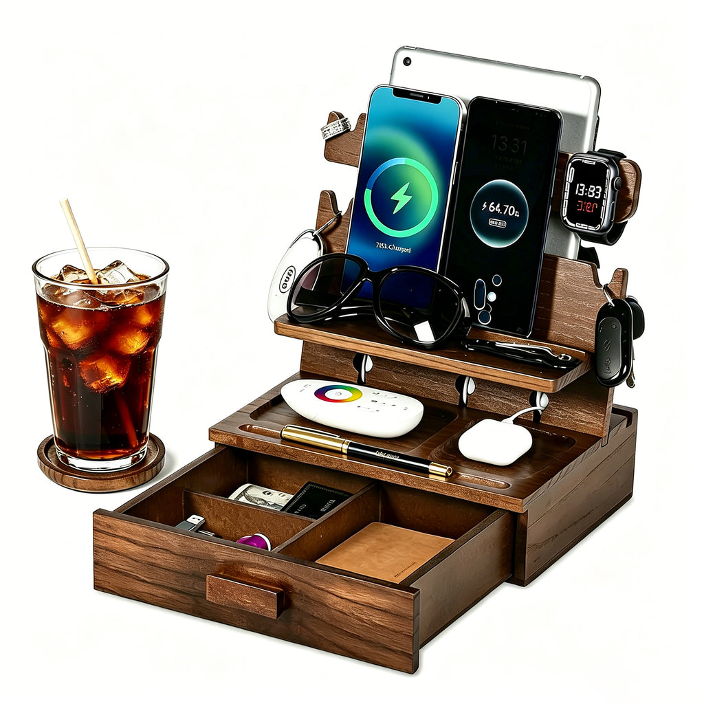 Petyoung Wood Phone Docking Station for up to 3 Phones - Nightstand Organizer with Drawer, Coaster, Compatible with Tablets, Glasses, Watches & EDC