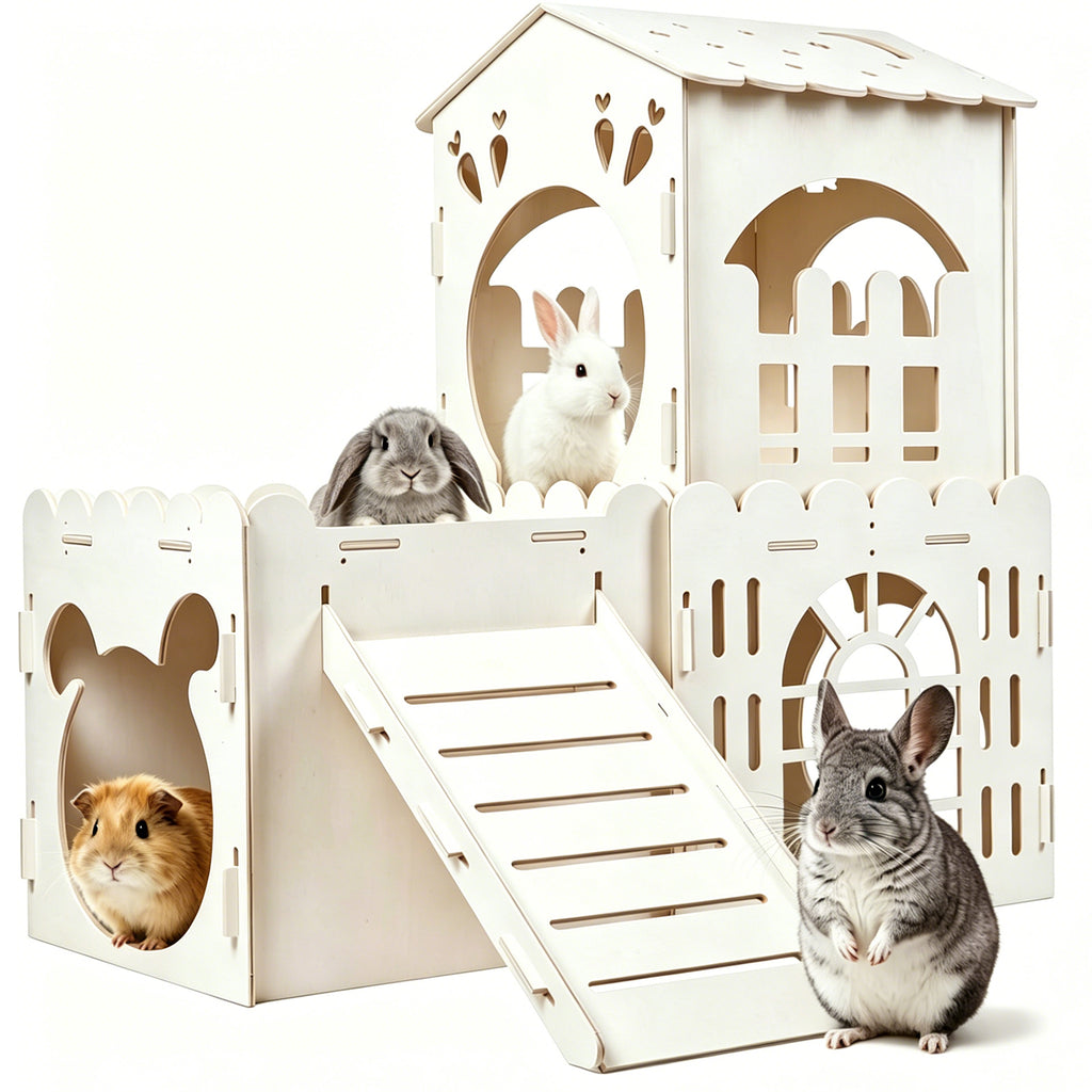Petyoung Large Bunny Cage Indoor, Wooden Rabbit Hutch House with Ramp & Multi-Room, Guinea Pig Hideout Bunny Castle, for Rabbits Hamsters Small Pet