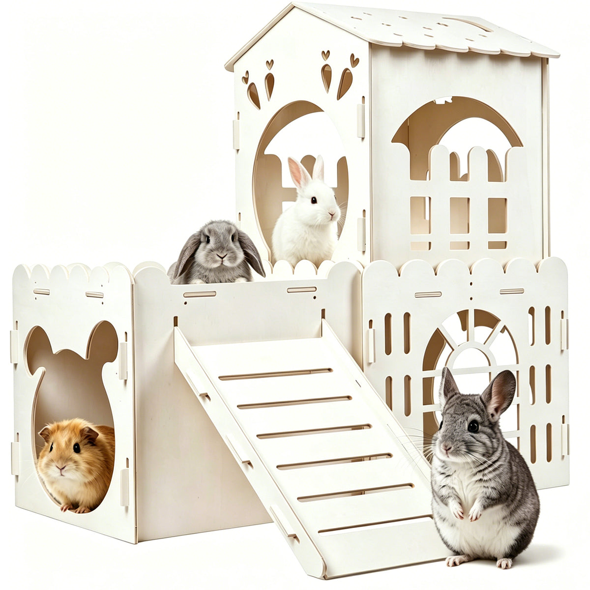 Petyoung Large Bunny Cage Indoor, Wooden Rabbit Hutch House with Ramp & Multi-Room, Guinea Pig Hideout Bunny Castle, for Rabbits Hamsters Small Pet