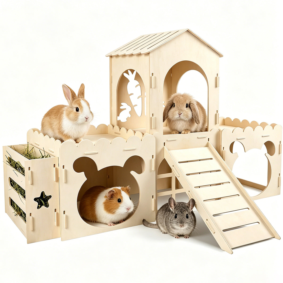 Petyoung Large Bunny Castle with Hay Feeder, Wooden Rabbit Hideout with Ramp, Detachable Multi-Room Playhouse for Rabbits, Guinea Pigs, Small Animals