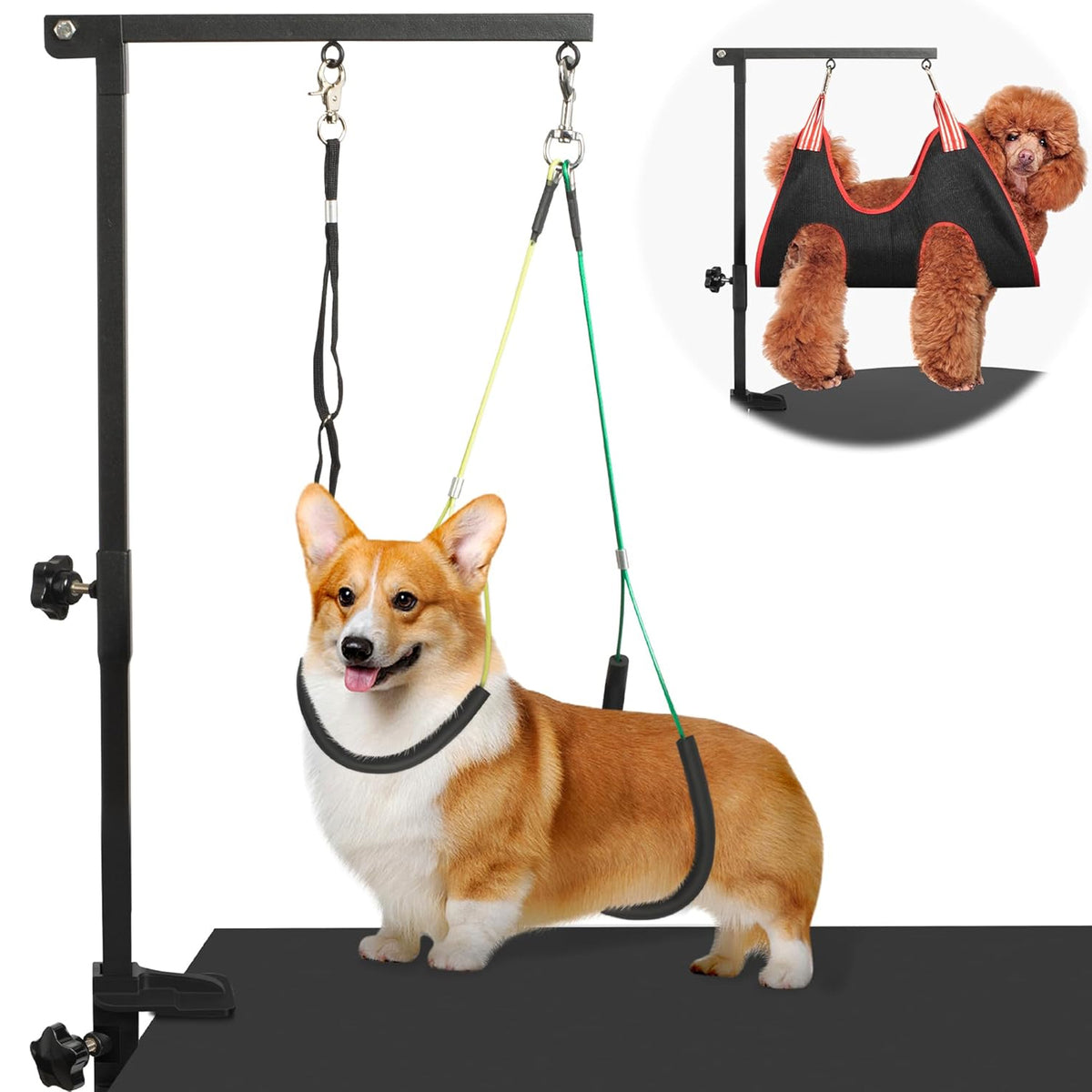 Petyoung Dog Grooming Arm & Hammock Set, 35" Adjustable Stand with Loop Noose & Haunch Holders for Small/Medium Dogs