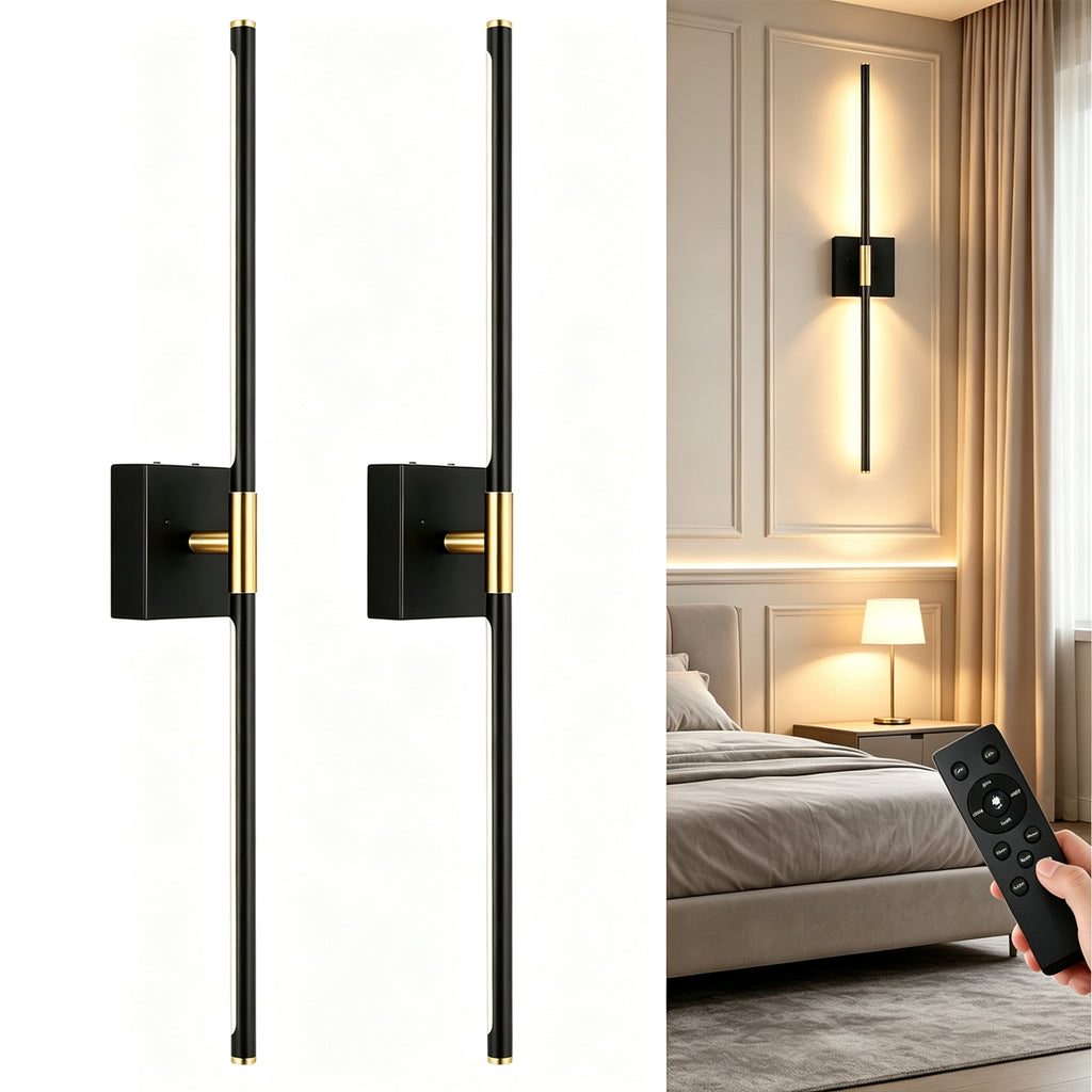 Petyoung 28.3" Wall Sconces Set of 2, Battery Operated Wall Lights with Remote, 360° Rotatable Rechargeable Wall Sconce, 3 Color Dimmable Wireless LED Light for Living Room Bedroom Hallway