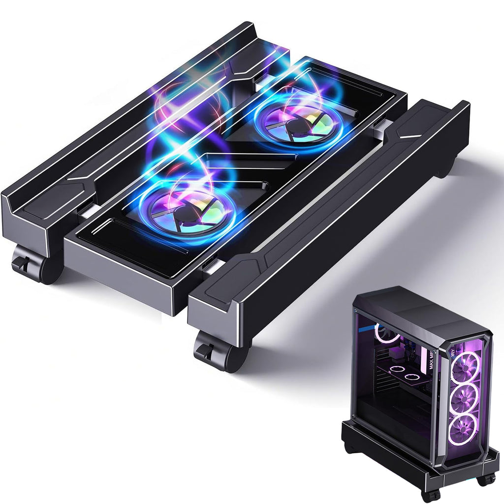 Petyoung PC Stand for Floor, Adjustable Computer Tower Stand with Cooler Fan RGB Light and 4 Locking Caster Wheels, for Students Gamers