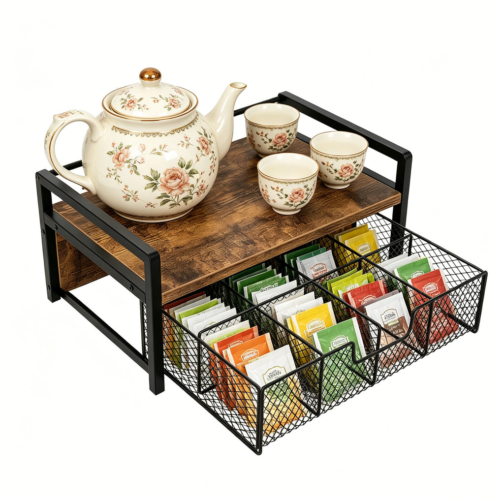 Petyoung Tea Bag Organizer with Storage Drawer, Wooden Tea Station Chest for Countertop Kitchen, Teabag Holder Display Box, Rustic Brown