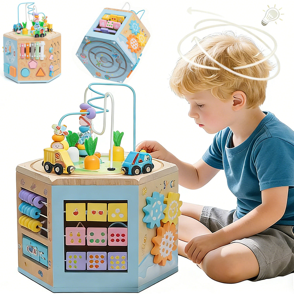Petyoung Wooden Activity Cube, 14-in-1 Montessori Toy for 3+ Year Olds, Early Educational Baby Toddler Toy with Bead Maze