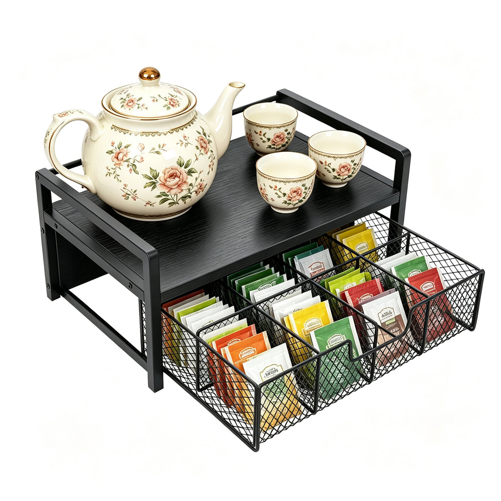 Petyoung Tea Bag Organizer with Storage Drawer, Wooden Tea Station Chest for Countertop Kitchen, Teabag Holder Display Box, Black