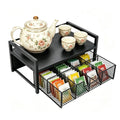 Petyoung Tea Bag Organizer with Storage Drawer, Wooden Tea Station Chest for Countertop Kitchen, Teabag Holder Display Box, Black