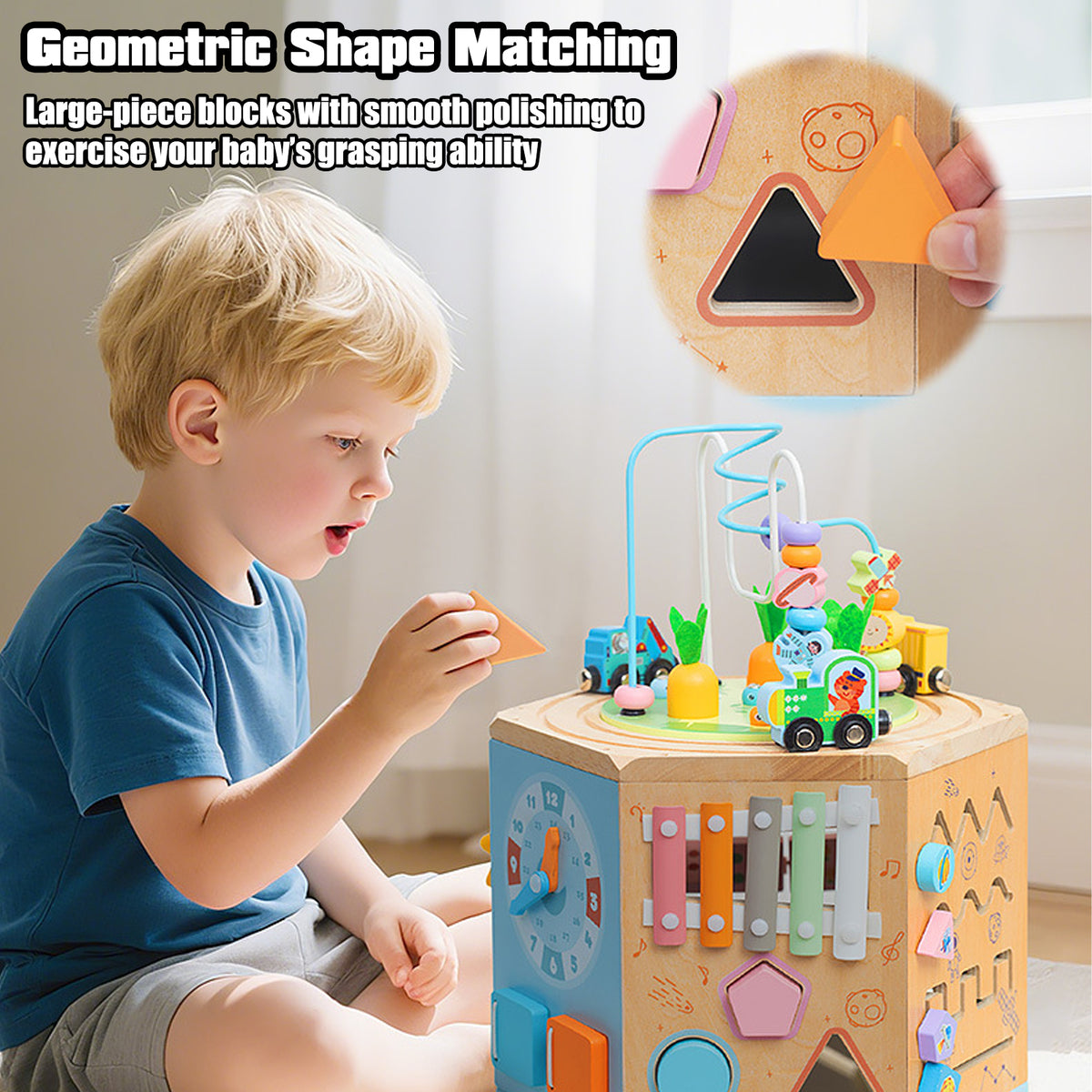 Petyoung Wooden Activity Cube, 14-in-1 Montessori Toy for 3+ Year Olds, Early Educational Baby Toddler Toy with Bead Maze