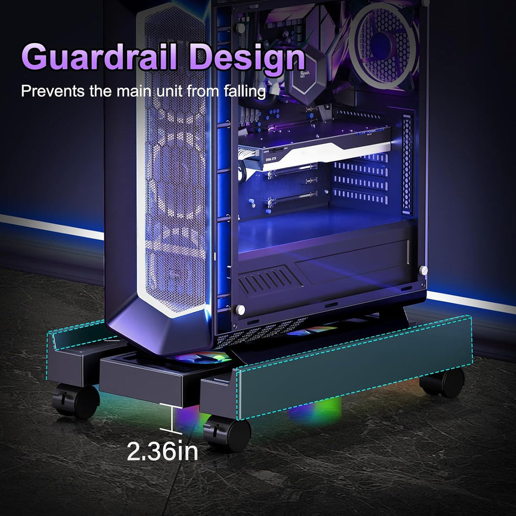 Petyoung PC Stand for Floor, Adjustable Computer Tower Stand with Cooler Fan RGB Light and 4 Locking Caster Wheels, for Students Gamers