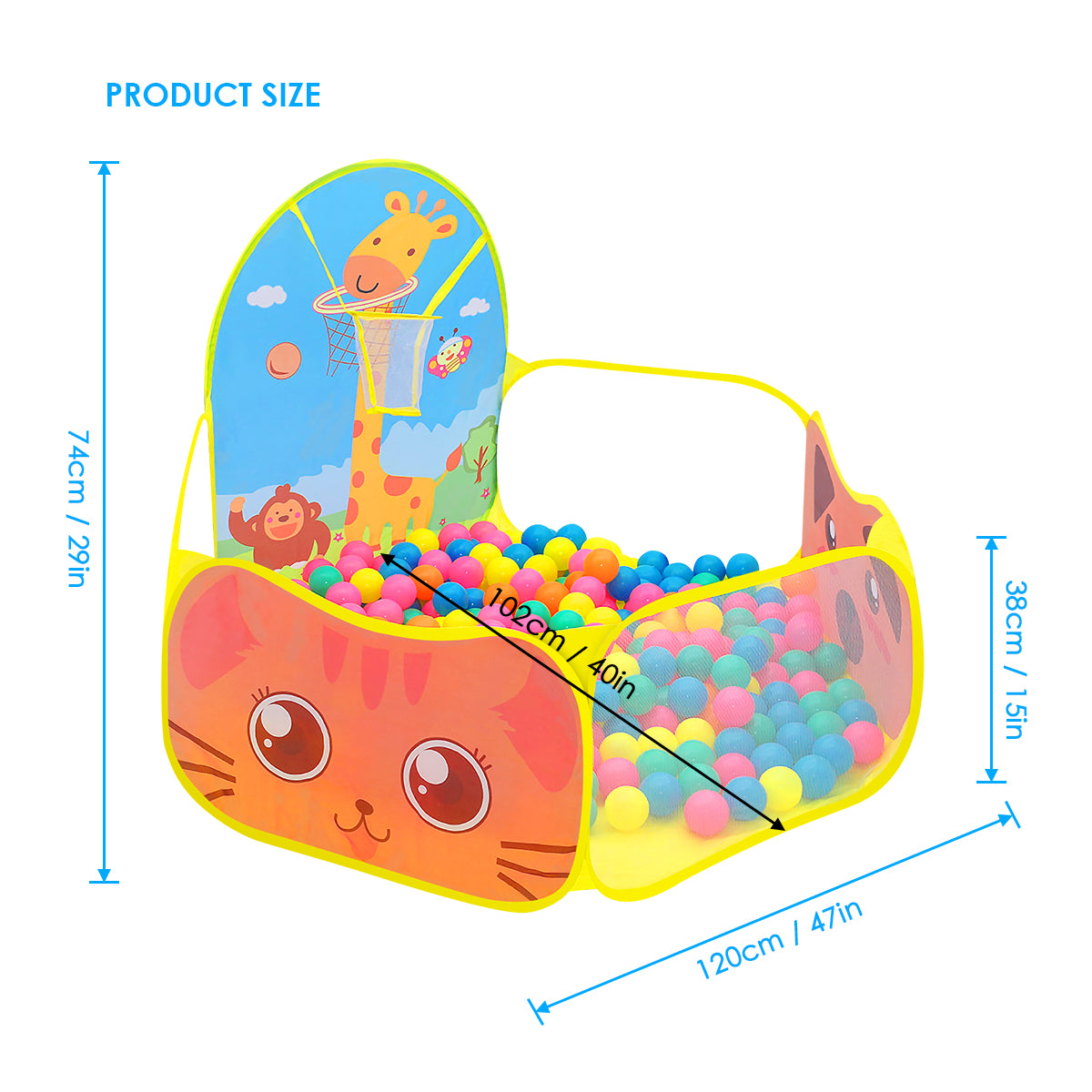 Yunnyp Kids Ball Pit,Portable Play Pool Tent for Kids,Baby Crawl Playpen with Basketball Hoop, Portable Toys for Girls Boys, Balls Not Included, Animal,Yellow