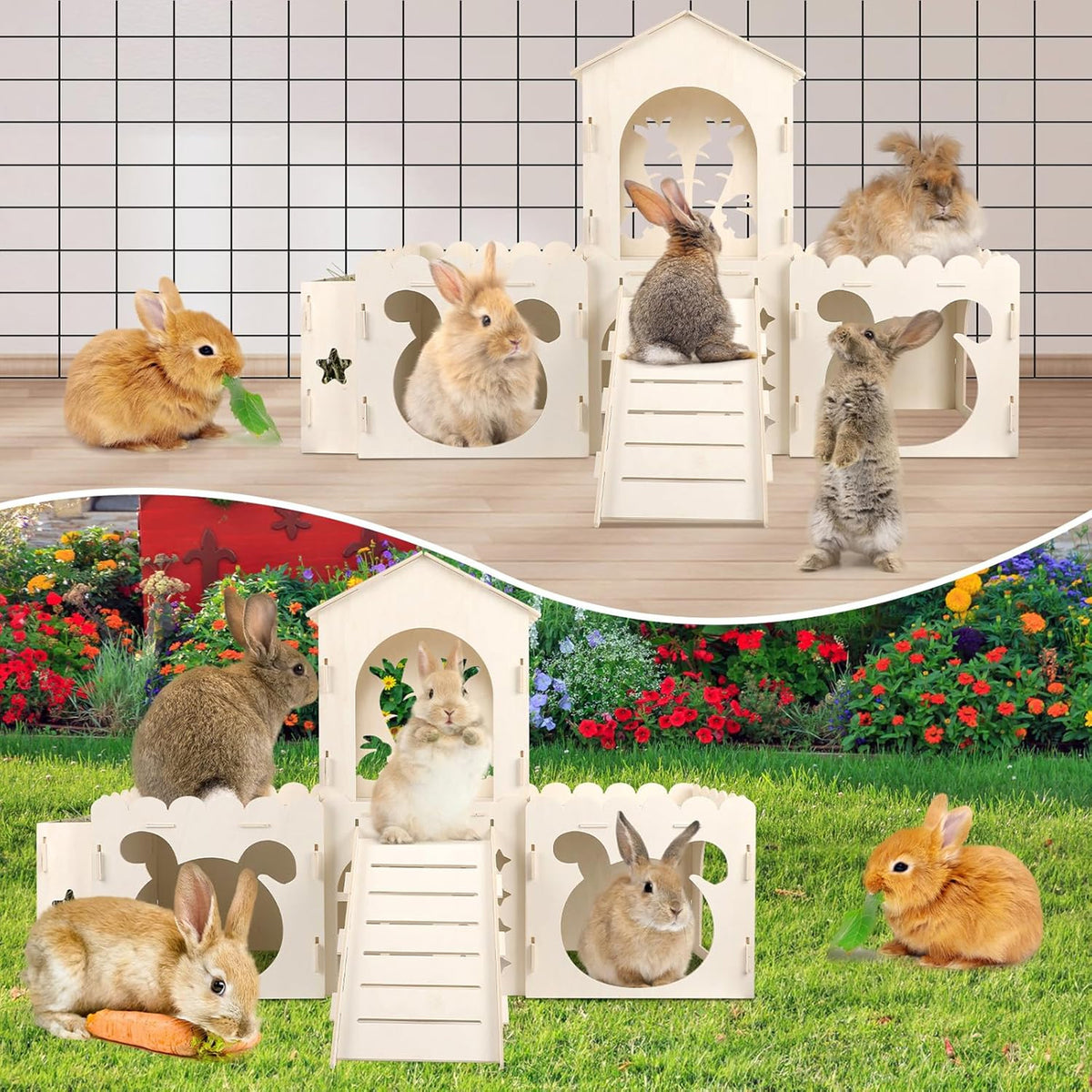 Petyoung Large Bunny Castle with Hay Feeder, Wooden Rabbit Hideout with Ramp, Detachable Multi-Room Playhouse for Rabbits, Guinea Pigs, Small Animals