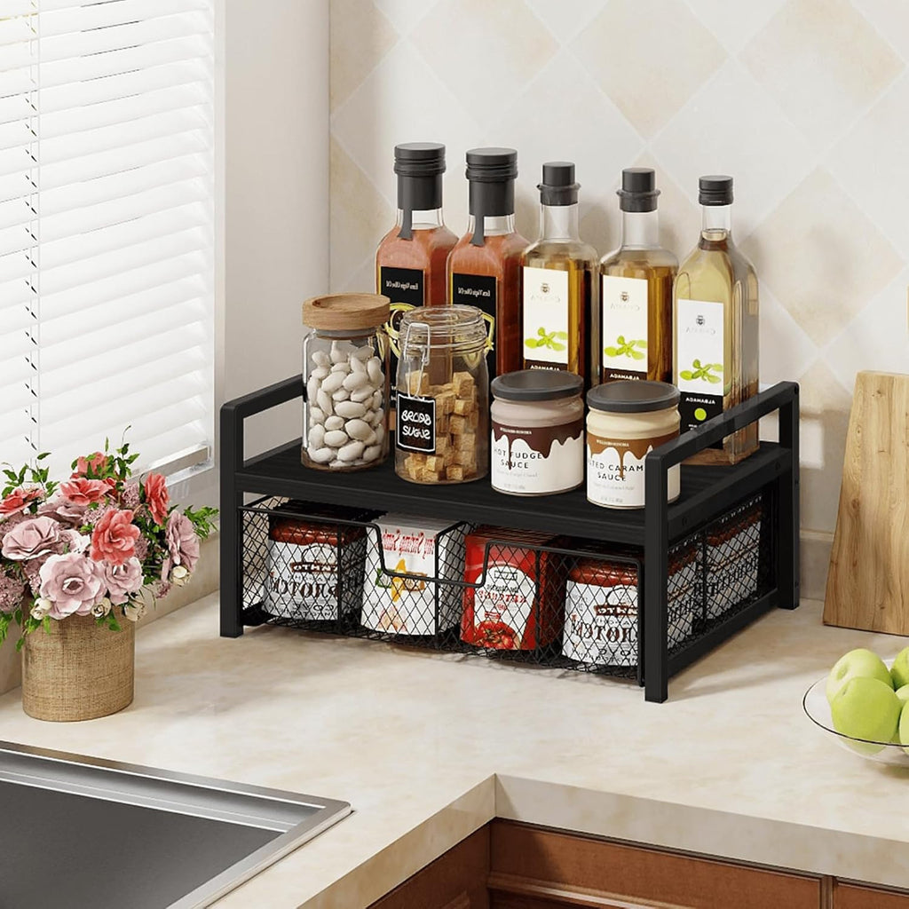 Petyoung Tea Bag Organizer with Storage Drawer, Wooden Tea Station Chest for Countertop Kitchen, Teabag Holder Display Box, Black