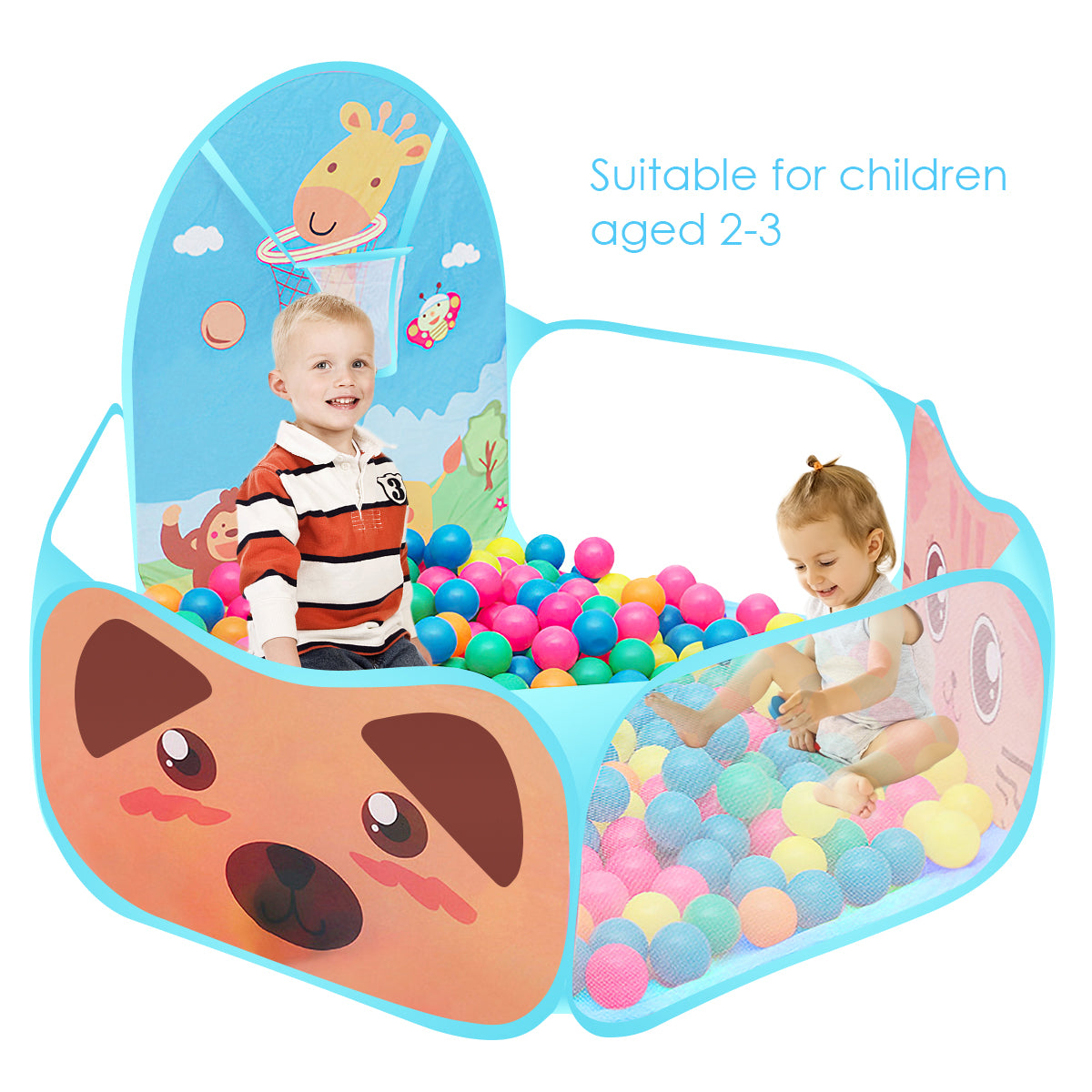 Yunnyp Kids Ball Pit,Portable Play Pool Tent for Kids,Baby Crawl Playpen with Basketball Hoop, Portable Toys for Girls Boys, Balls Not Included, Animal,Blue