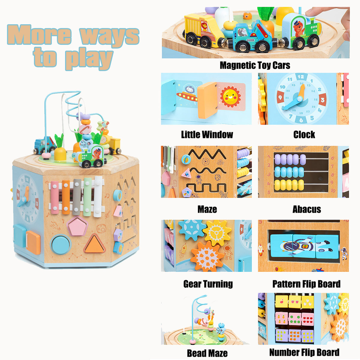 Petyoung Wooden Activity Cube, 14-in-1 Montessori Toy for 3+ Year Olds, Early Educational Baby Toddler Toy with Bead Maze