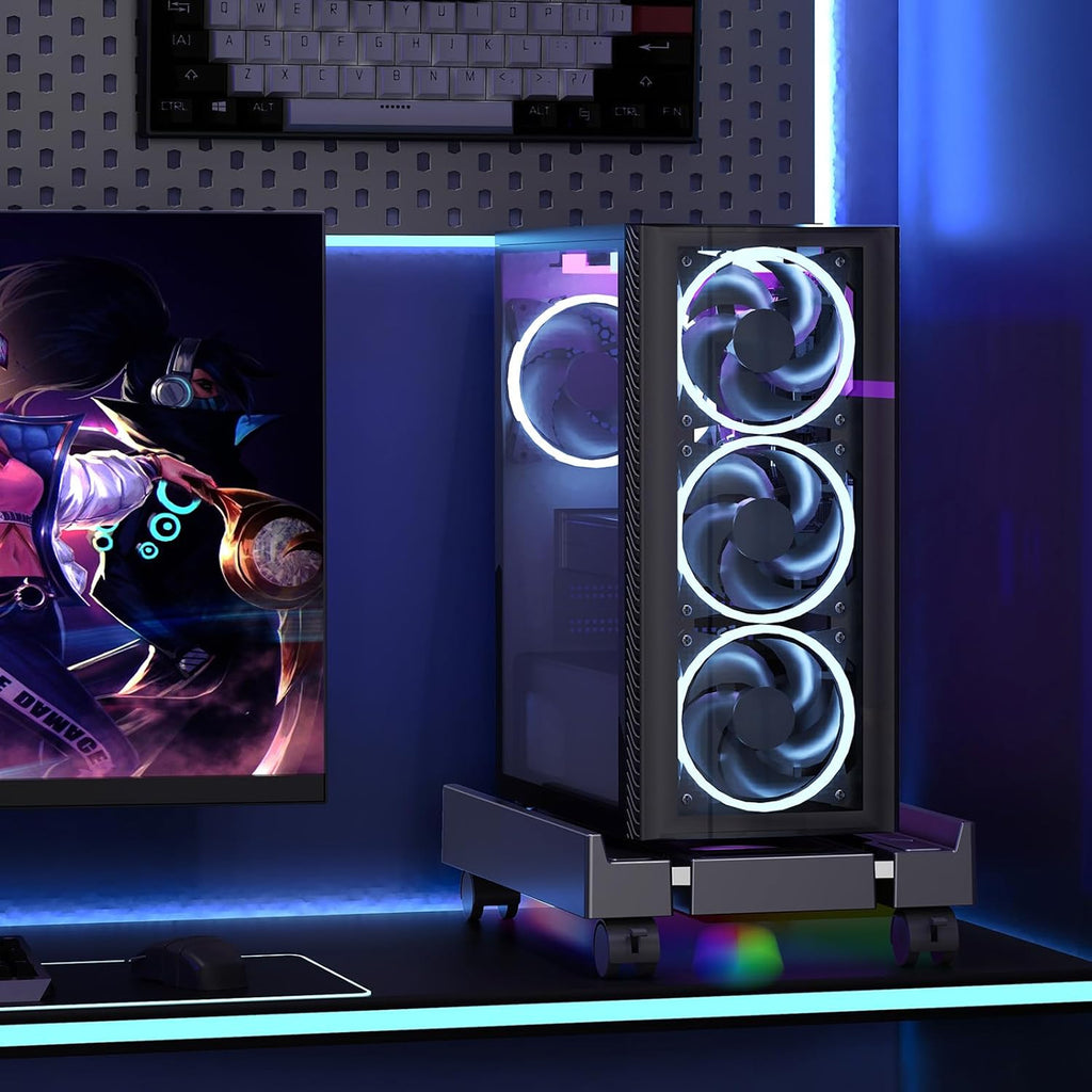 Petyoung PC Stand for Floor, Adjustable Computer Tower Stand with Cooler Fan RGB Light and 4 Locking Caster Wheels, for Students Gamers