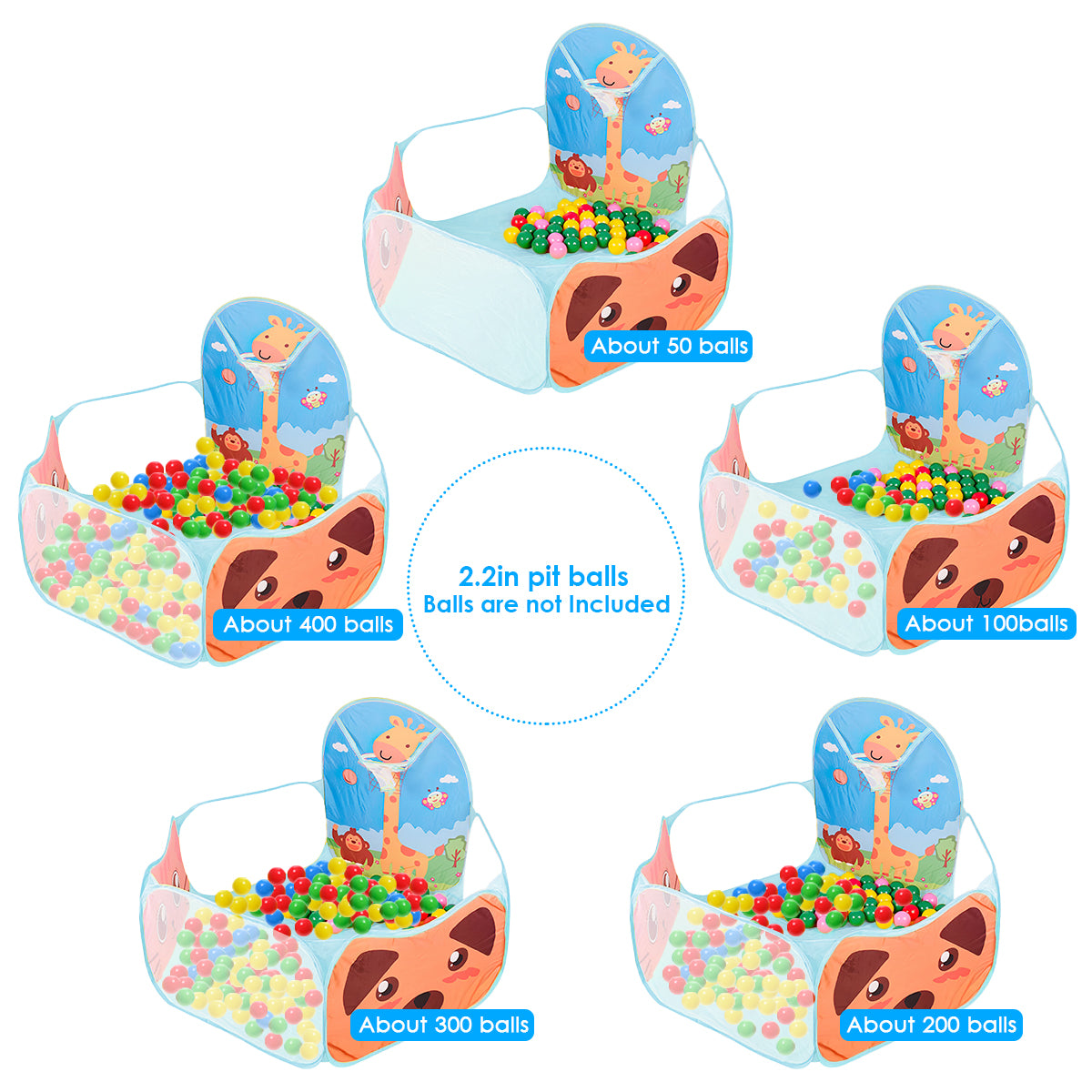 Yunnyp Kids Ball Pit,Portable Play Pool Tent for Kids,Baby Crawl Playpen with Basketball Hoop, Portable Toys for Girls Boys, Balls Not Included, Animal,Blue