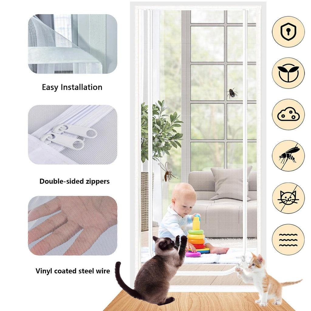 Yunnyp Reinforced Cat Screen Door, 32”X82” Cat Resistant Scratch Proof Mesh Screen Door with Zipper for Living Room,Kitchen,Bedroom, Living Room,Patio Door