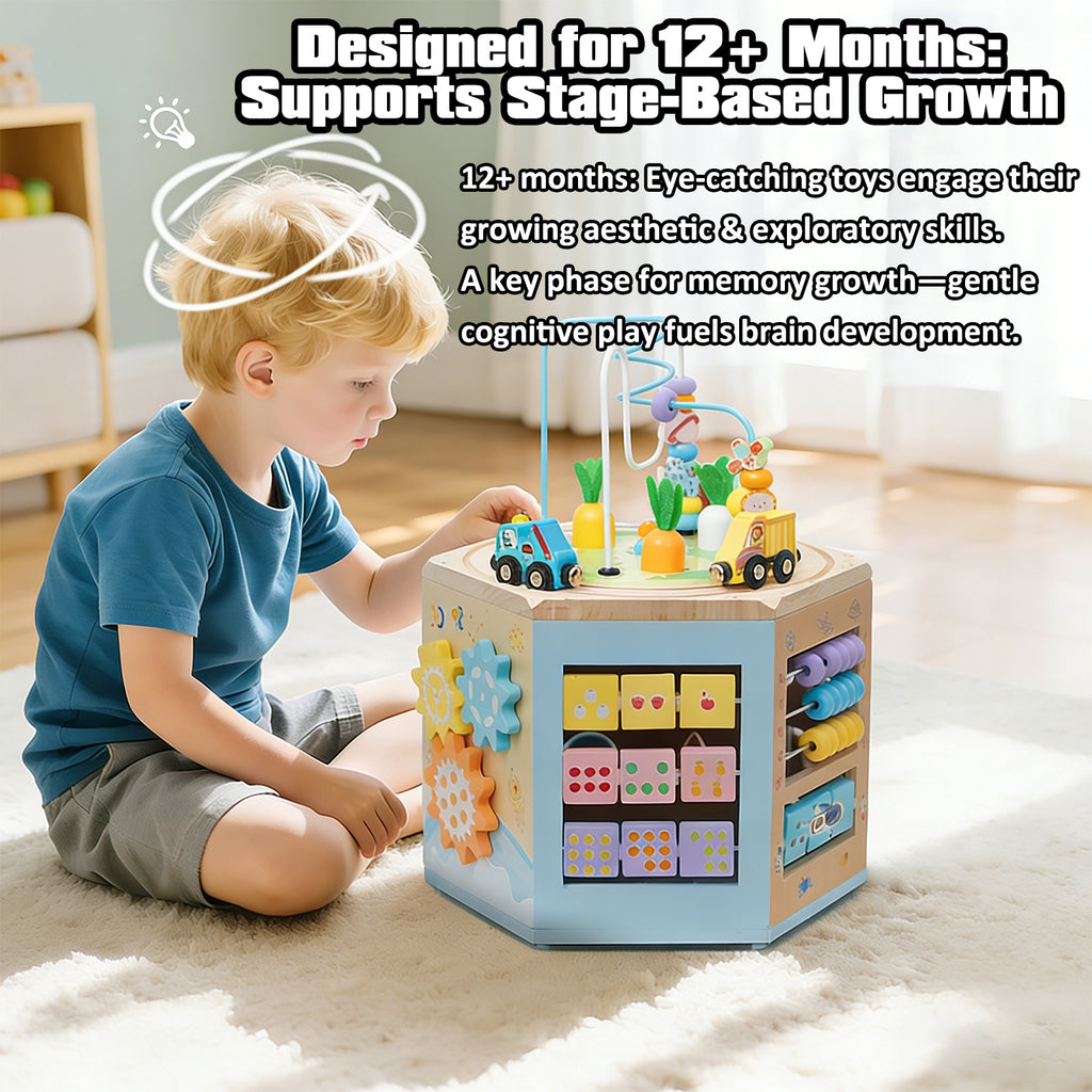 Petyoung Wooden Activity Cube, 14-in-1 Montessori Toy for 3+ Year Olds, Early Educational Baby Toddler Toy with Bead Maze