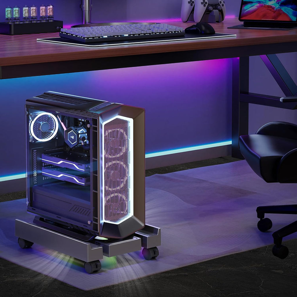 Petyoung PC Stand for Floor, Adjustable Computer Tower Stand with Cooler Fan RGB Light and 4 Locking Caster Wheels, for Students Gamers