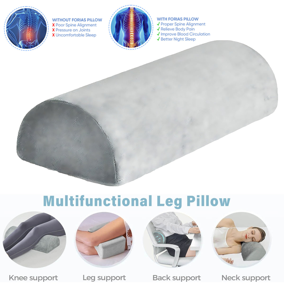 Yunnyp Knee Pillow,Memory Foam Leg Support Elevator Pillow,Half Moon Bolster Pillow,High Density Foam& Ergonomic Design Bolster Pillow for Feet, Legs, Knees, Waist, Back, Neck