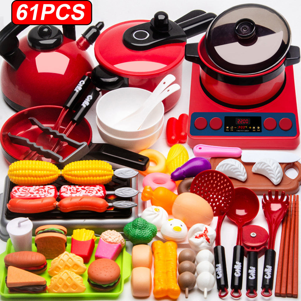 Yunnyp 61pcs Kitchen Cooking Toy Set Kids Pretend Play Toy Simulation Kitchen Utensils Food Cookware Pot Pan