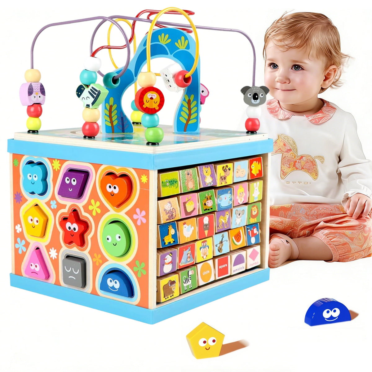 Petyoung Wooden Activity Cube, 5-in-1 Montessori Toy for 3+ Years, with Bead Maze & 5 Multicolor Sides, Ideal Gift for Boys & Girls