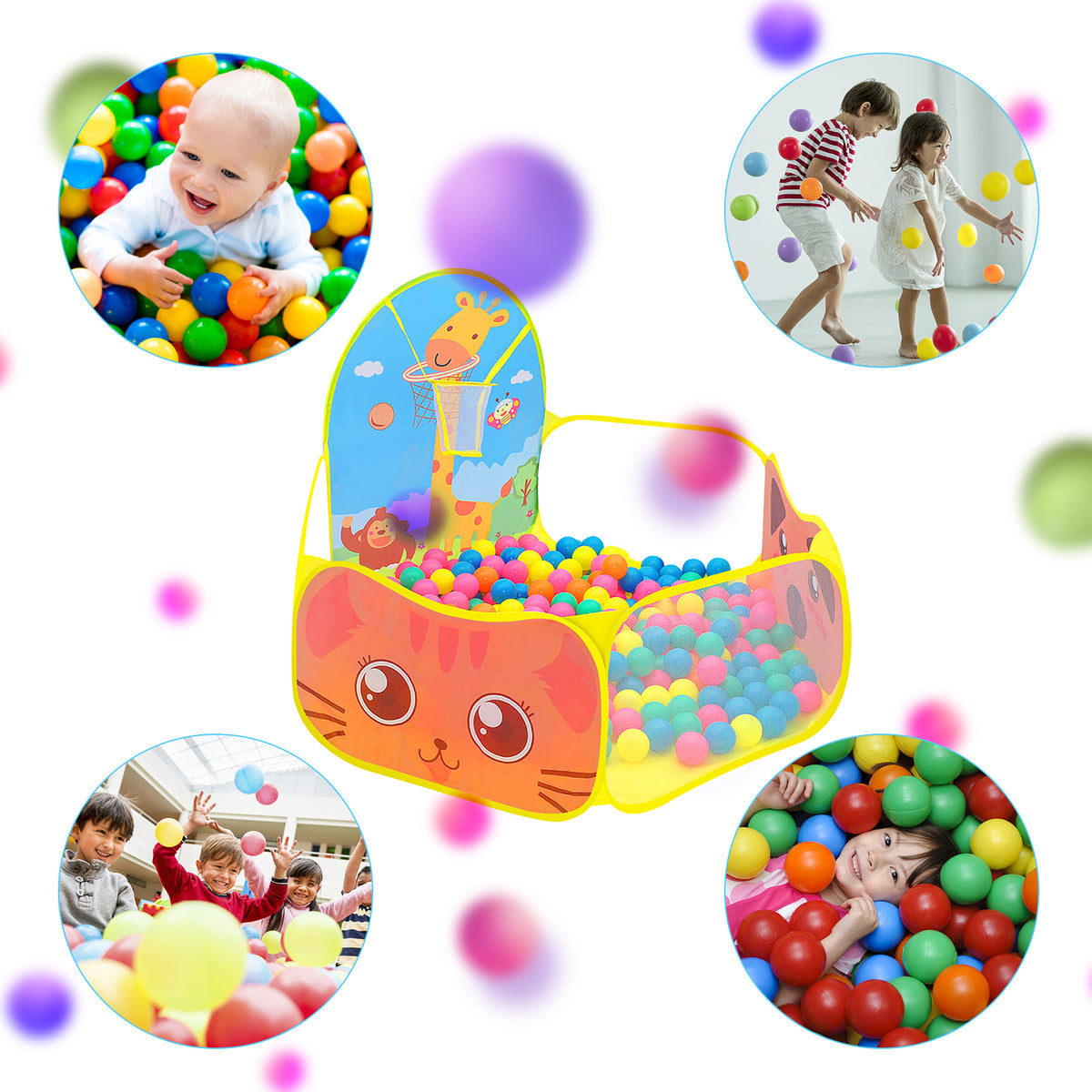 Yunnyp Kids Ball Pit,Portable Play Pool Tent for Kids,Baby Crawl Playpen with Basketball Hoop, Portable Toys for Girls Boys, Balls Not Included, Animal,Yellow