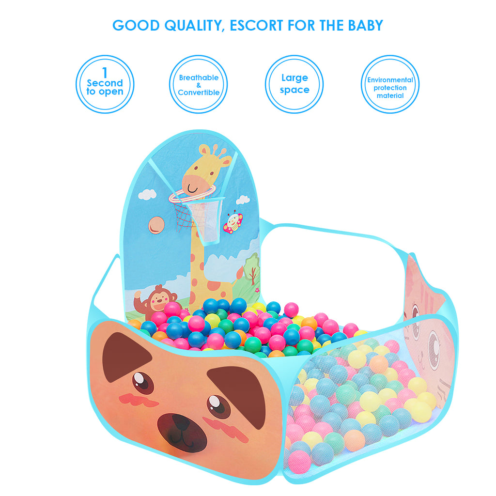 Yunnyp Kids Ball Pit,Portable Play Pool Tent for Kids,Baby Crawl Playpen with Basketball Hoop, Portable Toys for Girls Boys, Balls Not Included, Animal,Blue