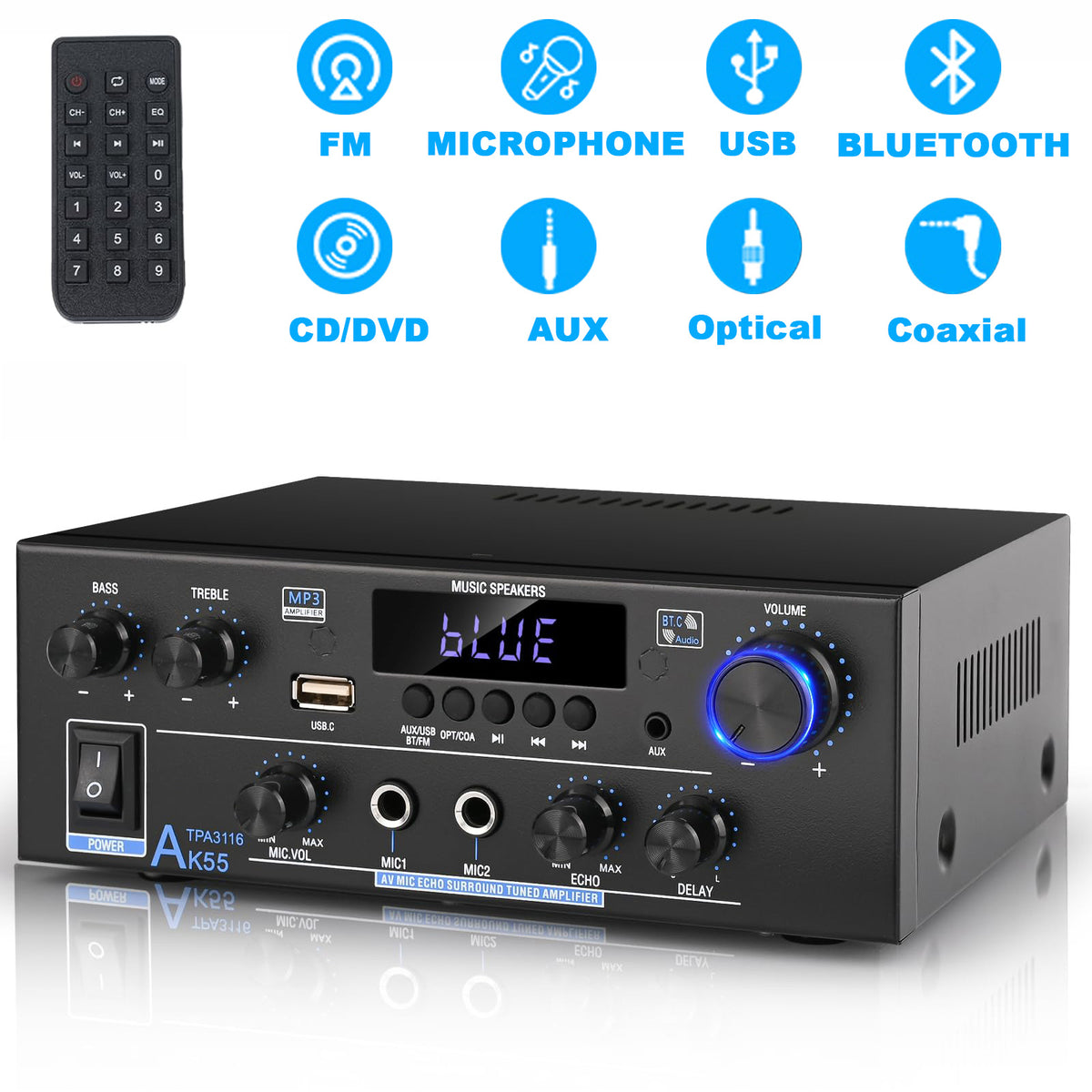 Yunnyp AK55 Stereo Audio Amplifier, 500W Home 2 Channel Bluetooth 5.0 Power Amp System with FM, Echo & Multiple Inputs, Amp for Passive Speakers and Active Subwoofer