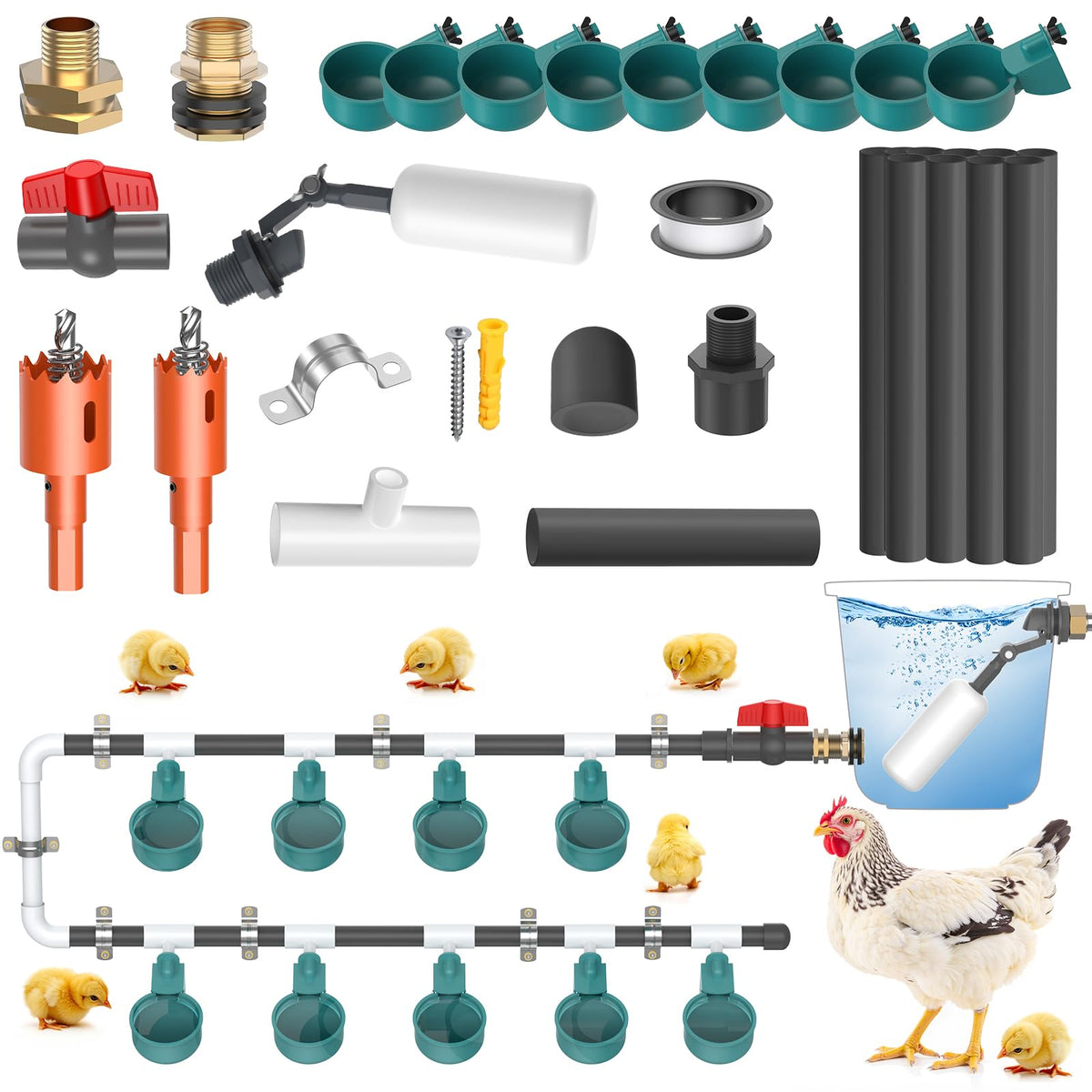 Yunnyp Complete Set Automatic Chicken Waterer System for Continuous Fresh Water, DIY Chicken Water Feeder with 9 Chicken Water Cups, 1/2" SCH.80 PVC Piping, Brass Pipe Fittings, Ball Valves