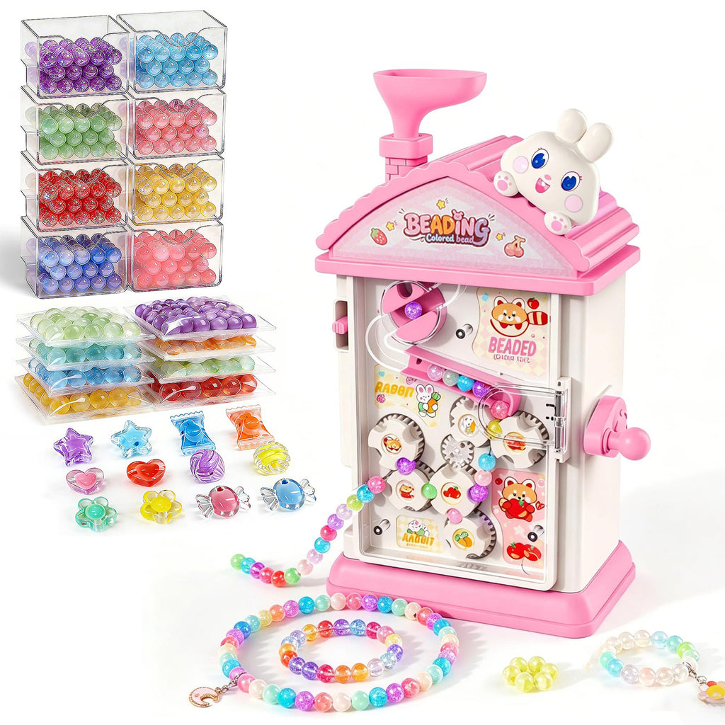HechoVinen 2-in-1 Beads Bracelet Maker Machine & Hand-Crank Bunny Toys, Jewelry Making Kit with 400 Beads, Built-in Storage & Bead Recycler, DIY Friendship Bracelets for Girls 6-12 Birthday Xmas Gift