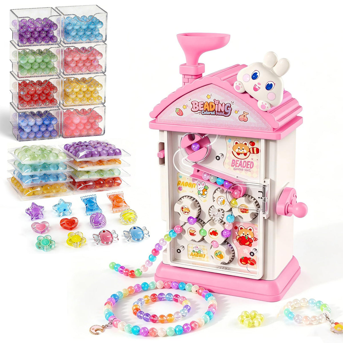 HechoVinen 2-in-1 Beads Bracelet Maker Machine & Hand-Crank Bunny Toys, Jewelry Making Kit with 400 Beads, Built-in Storage & Bead Recycler, DIY Friendship Bracelets for Girls 6-12 Birthday Xmas Gift