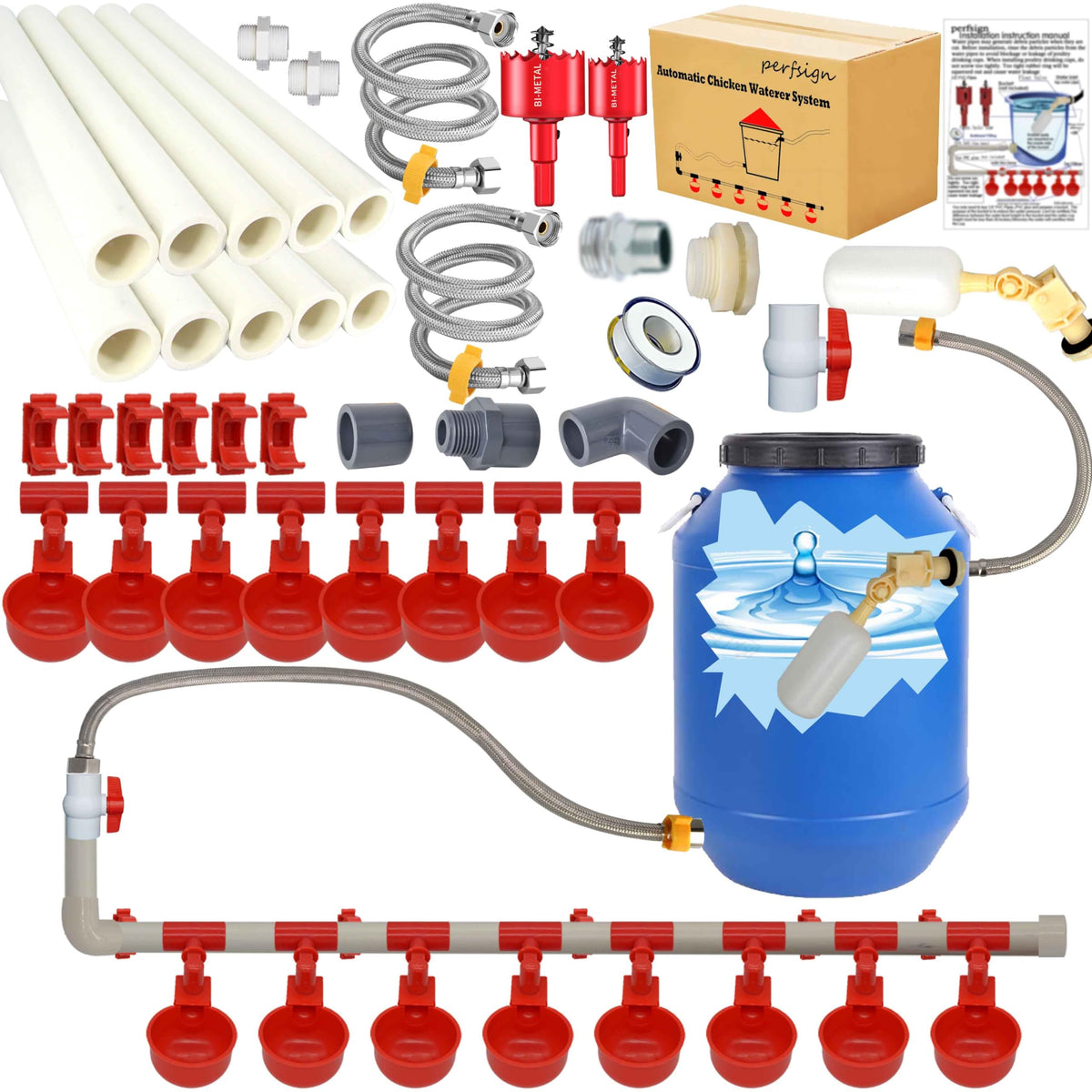 Yunnyp Complete Set Pipeline Automatic Chicken Waterer System(58 Accessories Included)Chicken Water Cups, Chicken Waters,Poultry Waterer,Chicken Watering System,with PVC Pipeline,Float Valve and Hose