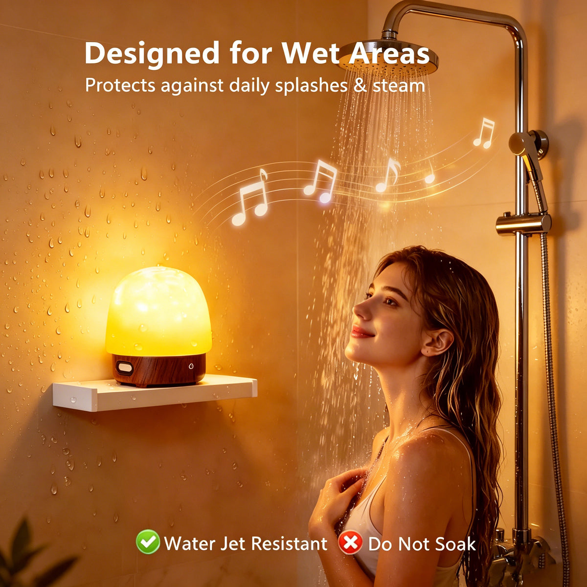 Yunnyp Shower Lamp with Bluetooth Speaker, Waterproof Shower Lamp, 16 Colors Ocean Wave Projector Light with Remote & Touch Control, Music Lamps for Inside Shower Bathroom Bathtub, Walnut color