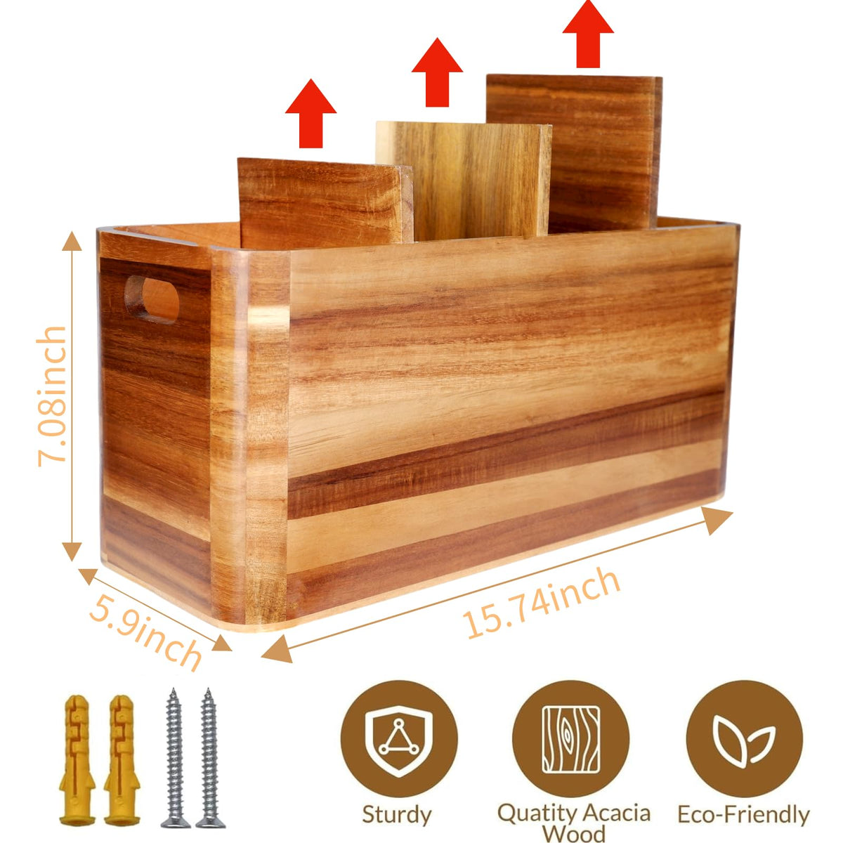 Yunnyp Wooden Utensil Holder for Counter or Countertop, Large Wooden Utensil Holder for Storage Cooking and Silverware with 4 Compartment, Acacia Rustic Wood Container Extra Large