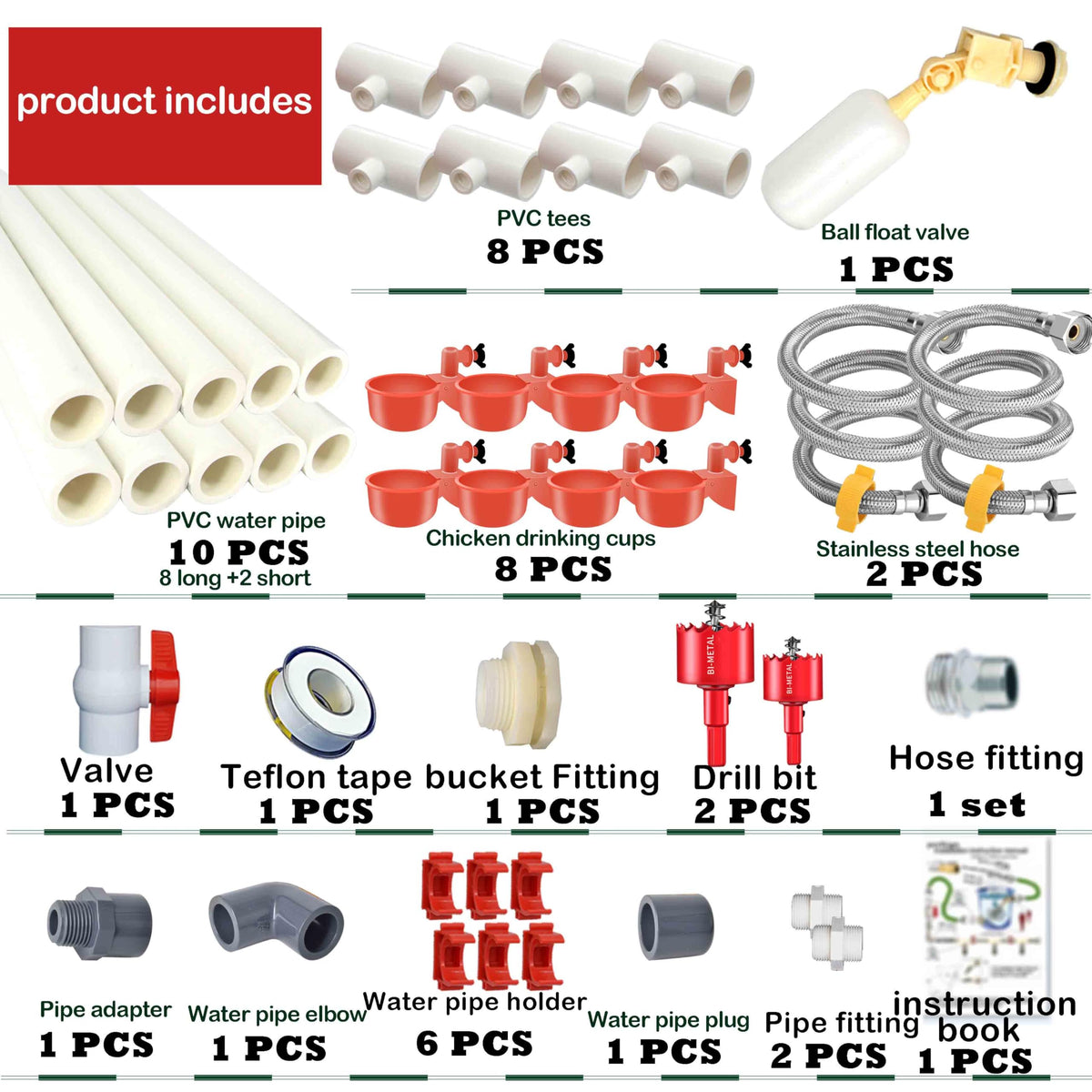 Yunnyp Complete Set Pipeline Automatic Chicken Waterer System(58 Accessories Included)Chicken Water Cups, Chicken Waters,Poultry Waterer,Chicken Watering System,with PVC Pipeline,Float Valve and Hose