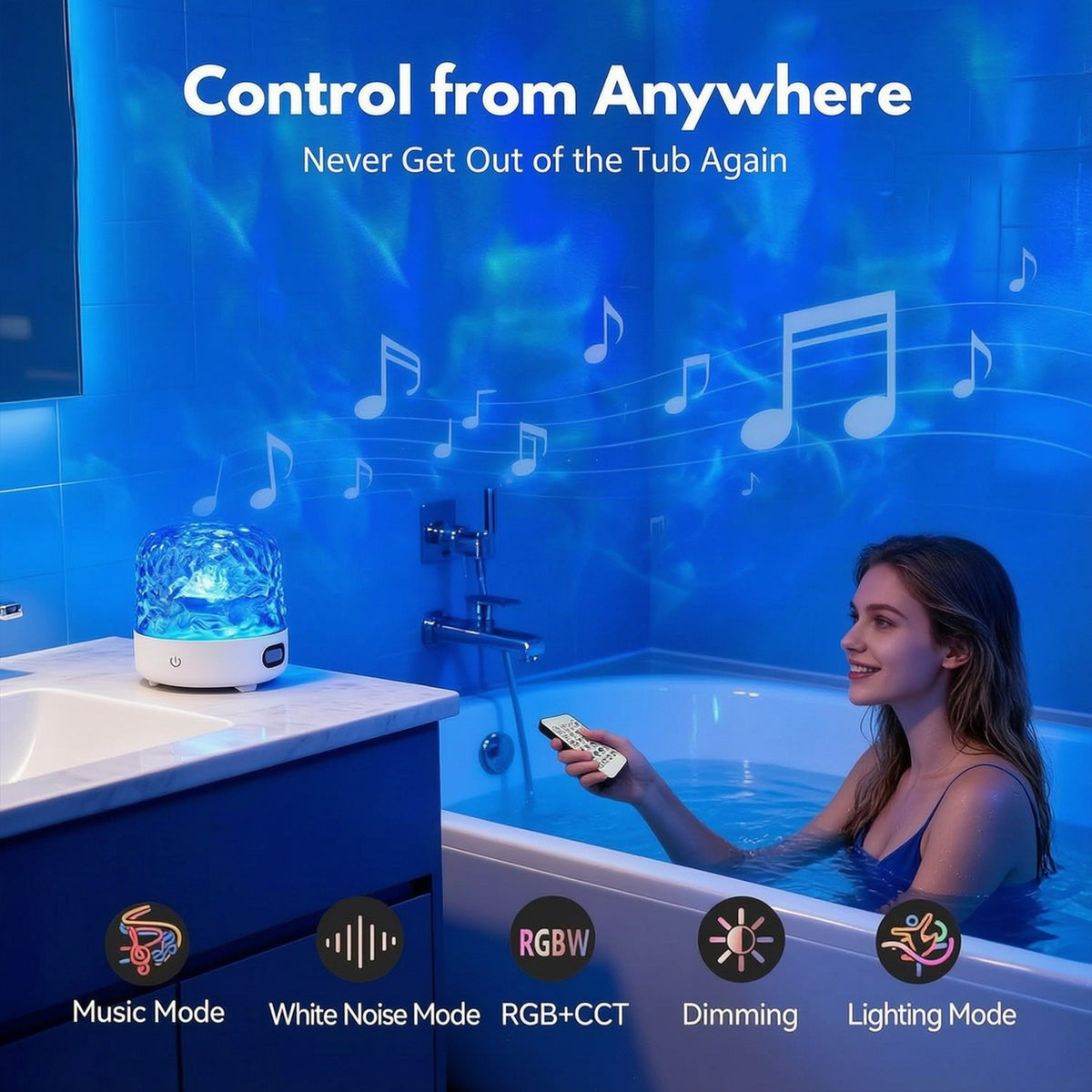 Yunnyp Shower Lamp with Bluetooth Speaker, Waterproof Shower Lamp, 16 Colors Ocean Wave Projector Light with Remote & Touch Control, Music Lamps for Inside Shower Bathroom Bathtub