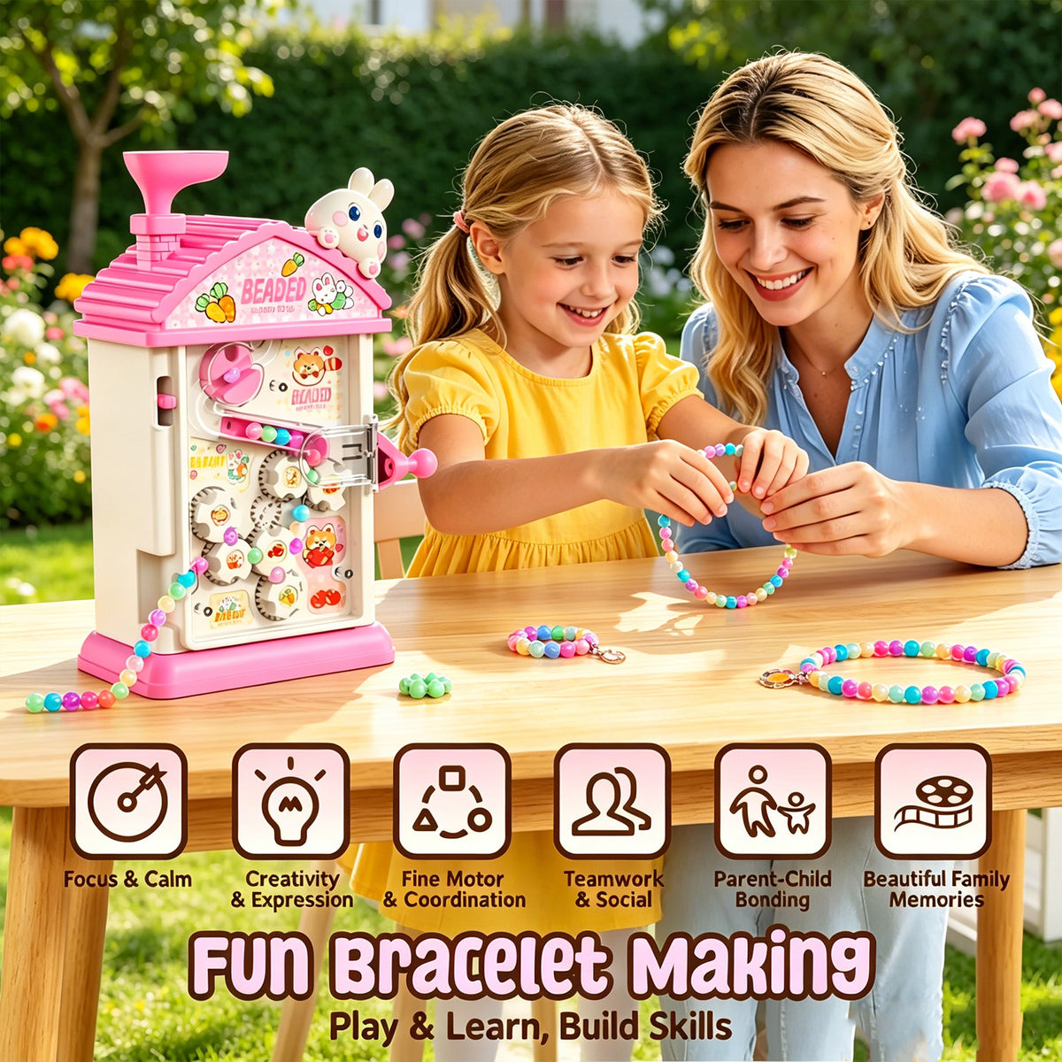 HechoVinen 2-in-1 Beads Bracelet Maker Machine & Hand-Crank Bunny Toys, Jewelry Making Kit with 400 Beads, Built-in Storage & Bead Recycler, DIY Friendship Bracelets for Girls 6-12 Birthday Xmas Gift