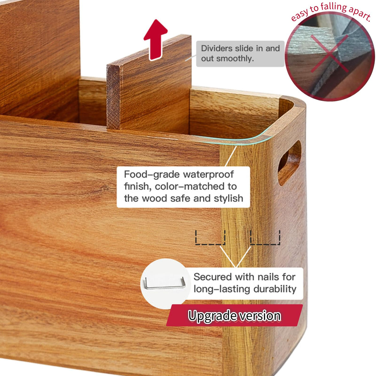 Yunnyp Wooden Utensil Holder for Counter or Countertop, Large Wooden Utensil Holder for Storage Cooking and Silverware with 4 Compartment, Acacia Rustic Wood Container Extra Large