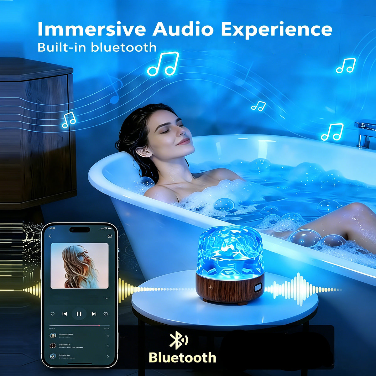 Yunnyp Shower Lamp with Bluetooth Speaker, Waterproof Shower Lamp, 16 Colors Ocean Wave Projector Light with Remote & Touch Control, Music Lamps for Inside Shower Bathroom Bathtub, Walnut color